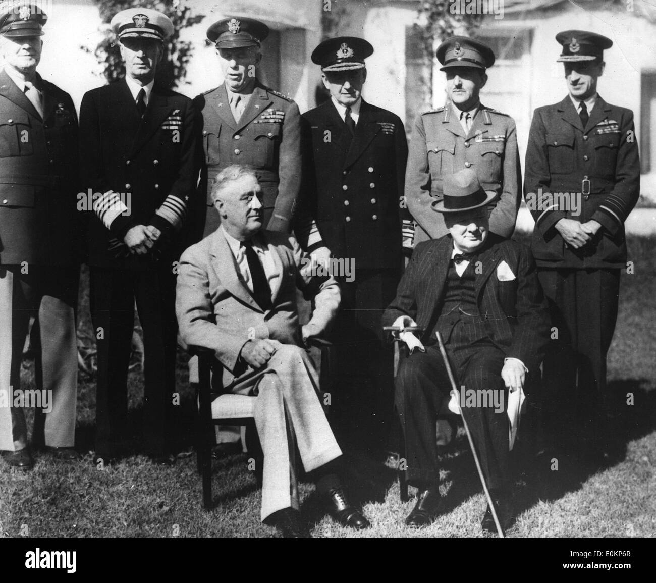 Jan. 01, 1943 - Casablanca, Africa - File photo: circa January 1943. Standing - left to right: GENERAL ARNOLD, ADMIRAL KING, GENERAL MARSHALL, ADMIRAL POUND, Air Chief Marshal PORTAL, GENERAL BROOKE, FIELD MARSHAL DILL, and ADMIRAL MOUNTBATTEN. Front row: President FRANKLIN ROOSEVELT and Prime Minister Sir WINSTON CHURCHILL pose for pictures during their 'historic' conference in Africa. Stock Photo