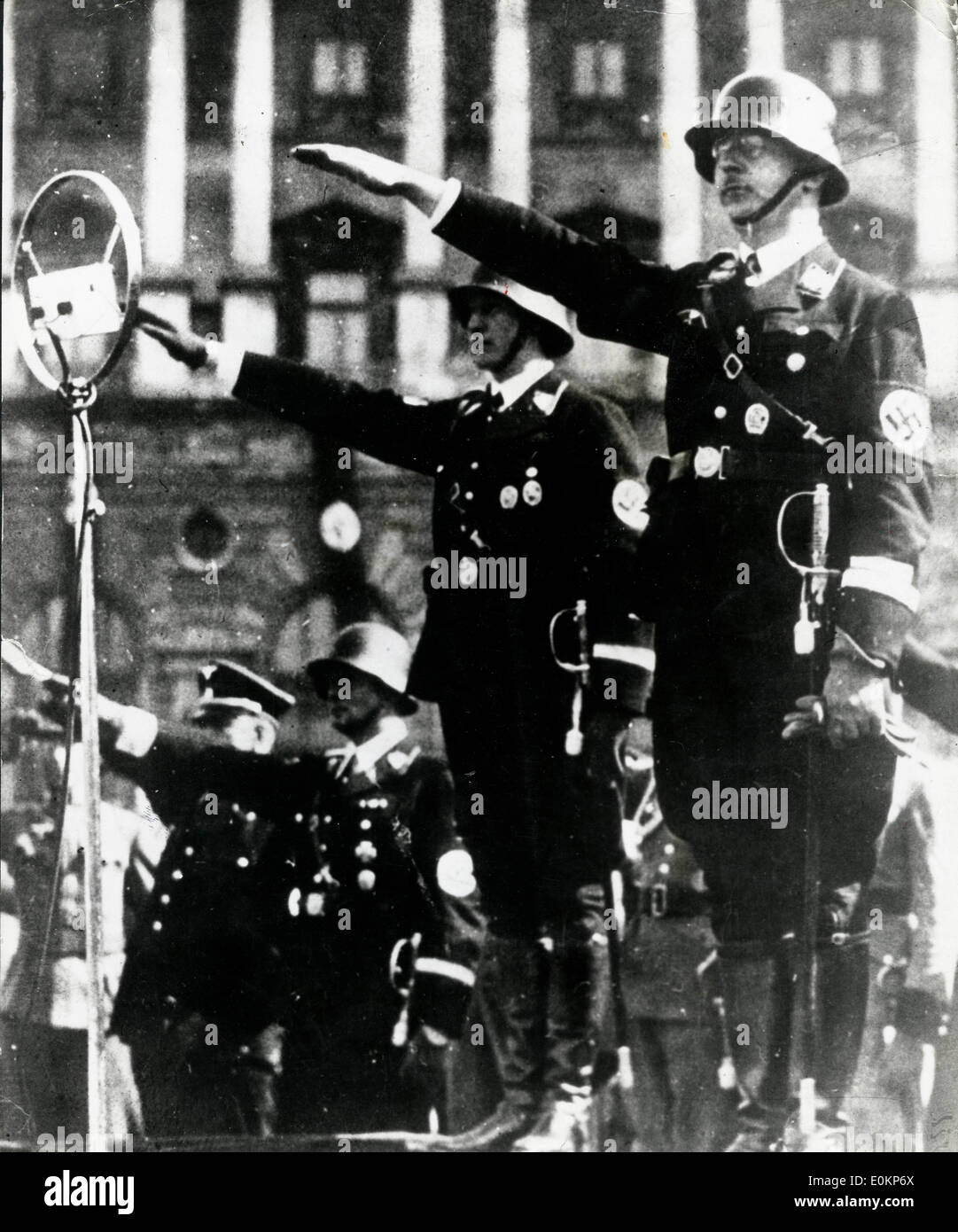 Heinrich Himmler takes the salute at a march part of Storm Troopers Stock Photo