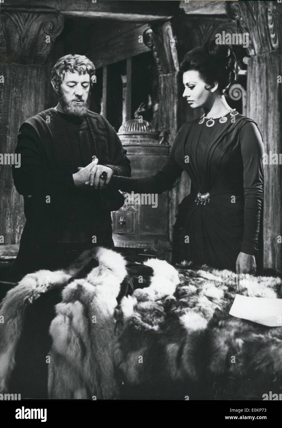Mar. 03, 1943 - Sophia Loren and Alec Guinness Partners in ''The Fall of the Roman Empire'' : Near Madrid Anthony Mann is directing the Super-Production ''The Fall of the Roman Empire'' in which Sophia Loren plays Lucilla, Daughter of Emperor Marcus-Aurelius, played by Alec Guinness. Photo shows Alec Guinness and Sophia Loren in a scene of the Picture, ''(Illegible)'' Daughter that he wants Livius to ''(Illegible) Stock Photo