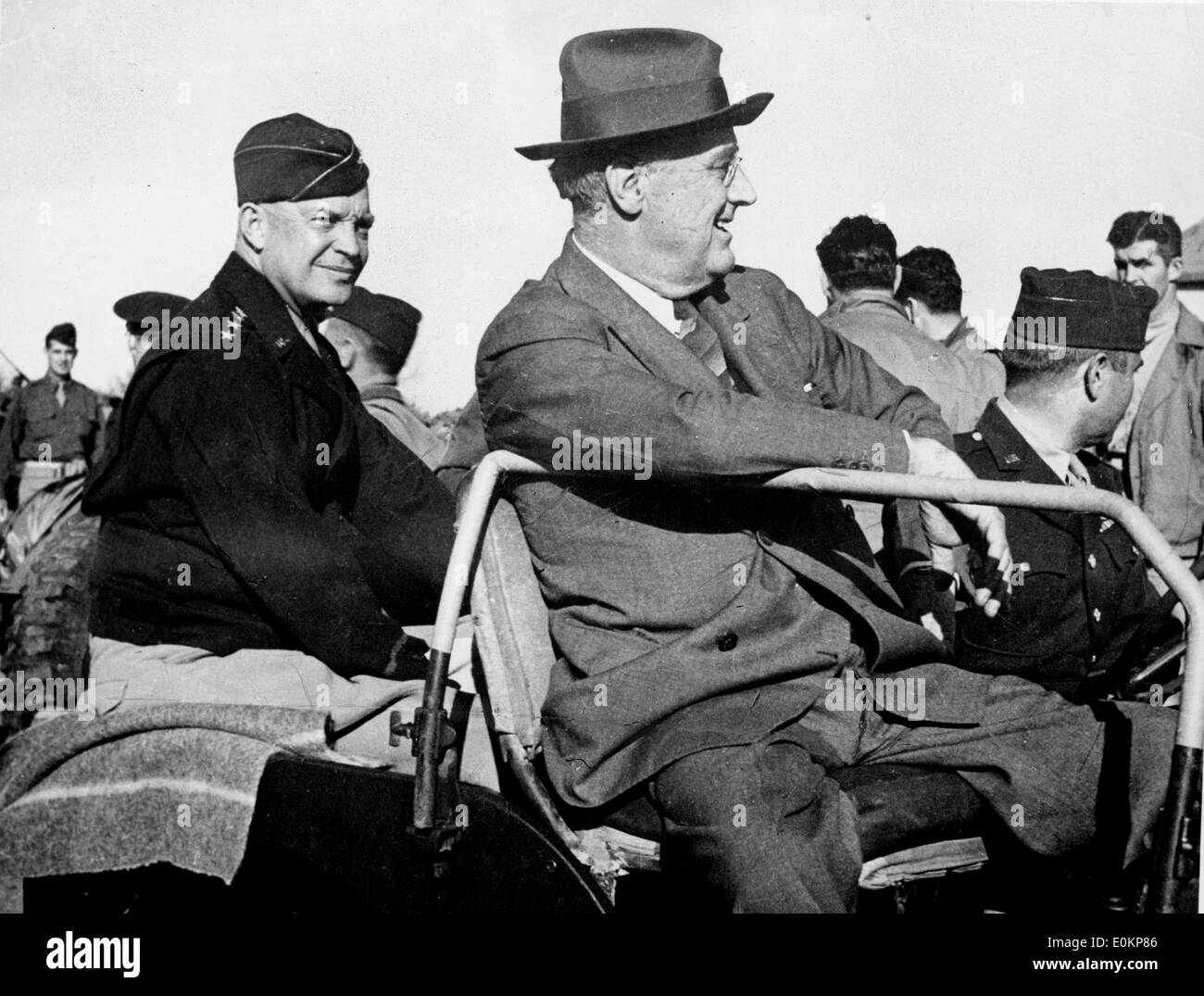 Presidents Franklin Roosevelt and Eisenhower ride in a jeep Stock Photo