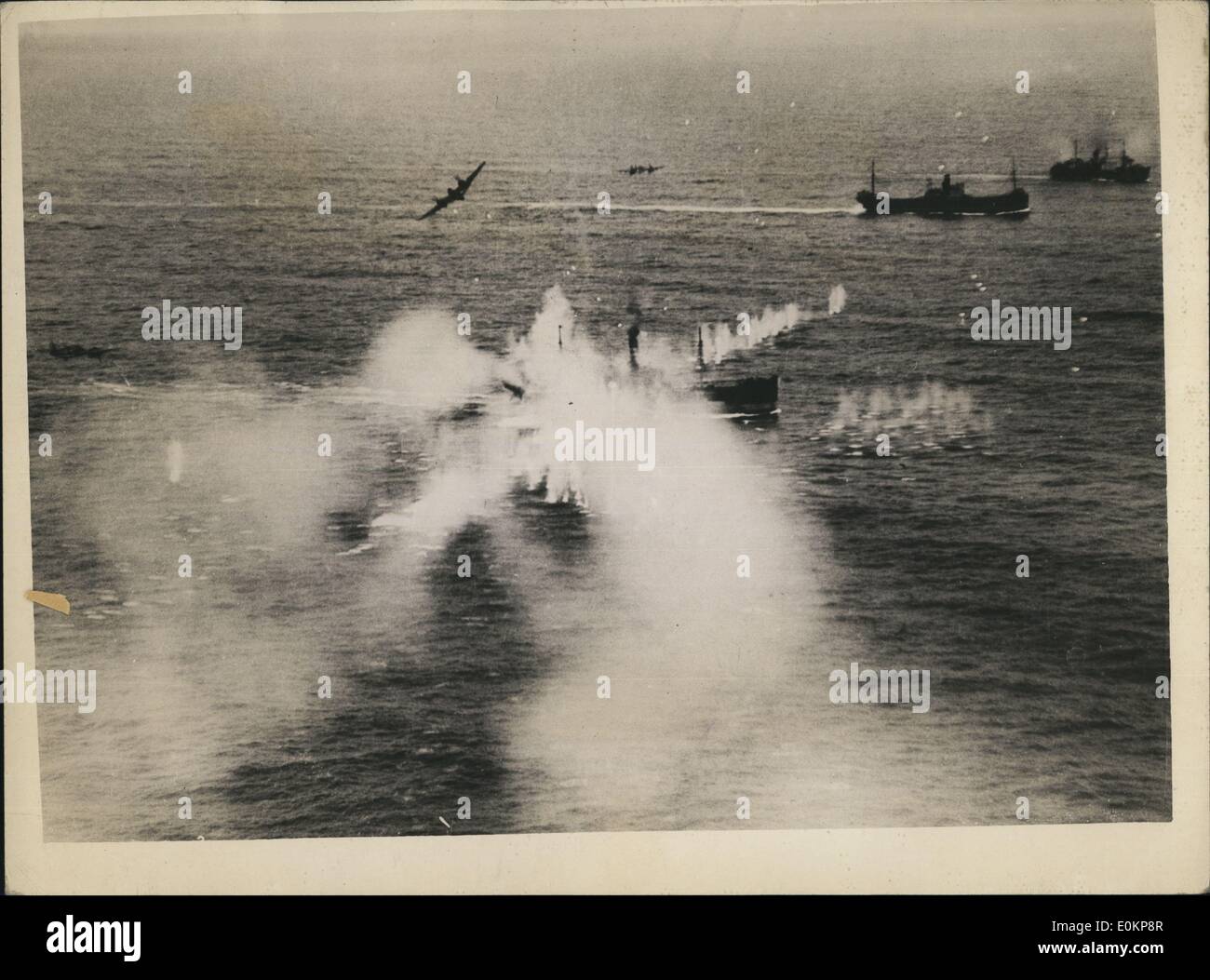 Apr. 04, 1944 - Not For Publication Before The Evening Pares Of Tuesday British Official Photograph No.C.4243(WK) Air Ministry Photo-Crown Copyright Reserves. Picture Issues April 1944. Beaufighters Torpedo Enemy Ships. See A.M.B No. 13436 of 30.3.1944 Two heavily laden merchant ships were hiy by torpesoes and ay least three others, in assignation to all five in the esocry vessels, were damages eve cannon fire when a beaufighter strike wing of R.A.F. Coastal Command Attackes a Large German Convoy Off the friesian islands on the evening of the 29th march Stock Photo
