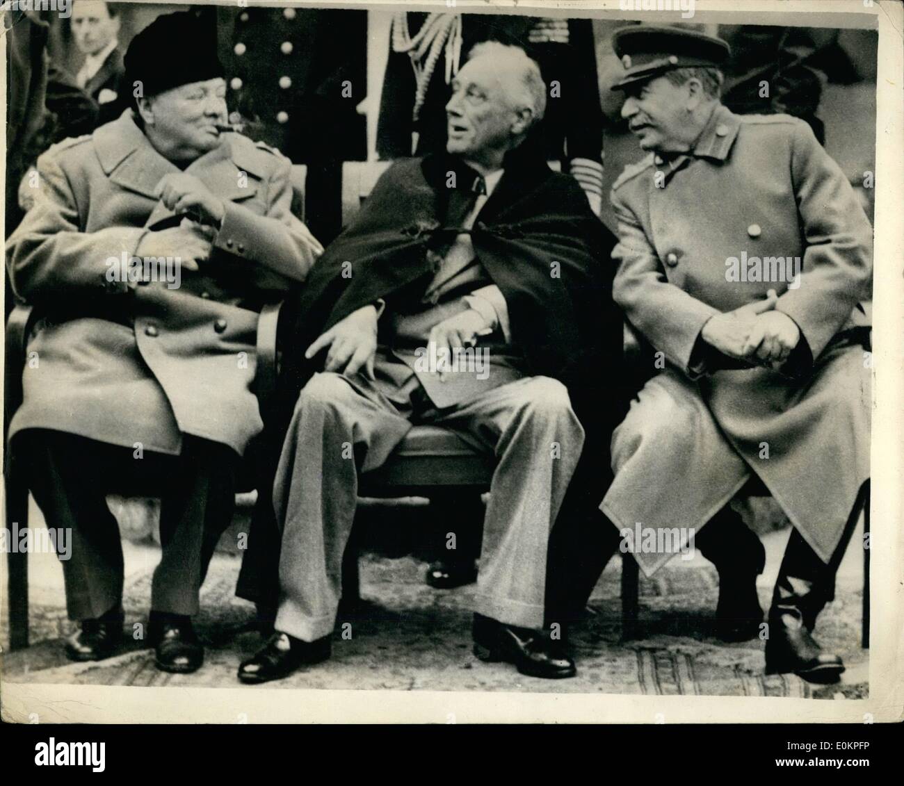 Feb. 02, 1945 - The Big Three Conference: Photographed Taken In The Grounds Of Livadia Palace, Yalta, Where The Three Power Conference Was Held. Photo shows Mr. Churchill, President Roosevelt And Marshal Stalin. Stock Photo