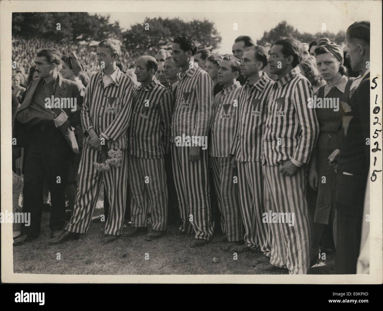 Sep. 09, 1945 - 70.000 Berliners at Anti-Fascist meeting in honour of Germans killed in concentration camps : 70.000 Berliners attended the great Anti-Fascist meeting at the Werner-Seelenbinder Stadium, Berlin, to honour many thousands of Germans who perished in Nazi concentration camps. Thousands of wreaths were carried by Germans who themselves had been in concentration camps as well as by relatives of those who died Stock Photo