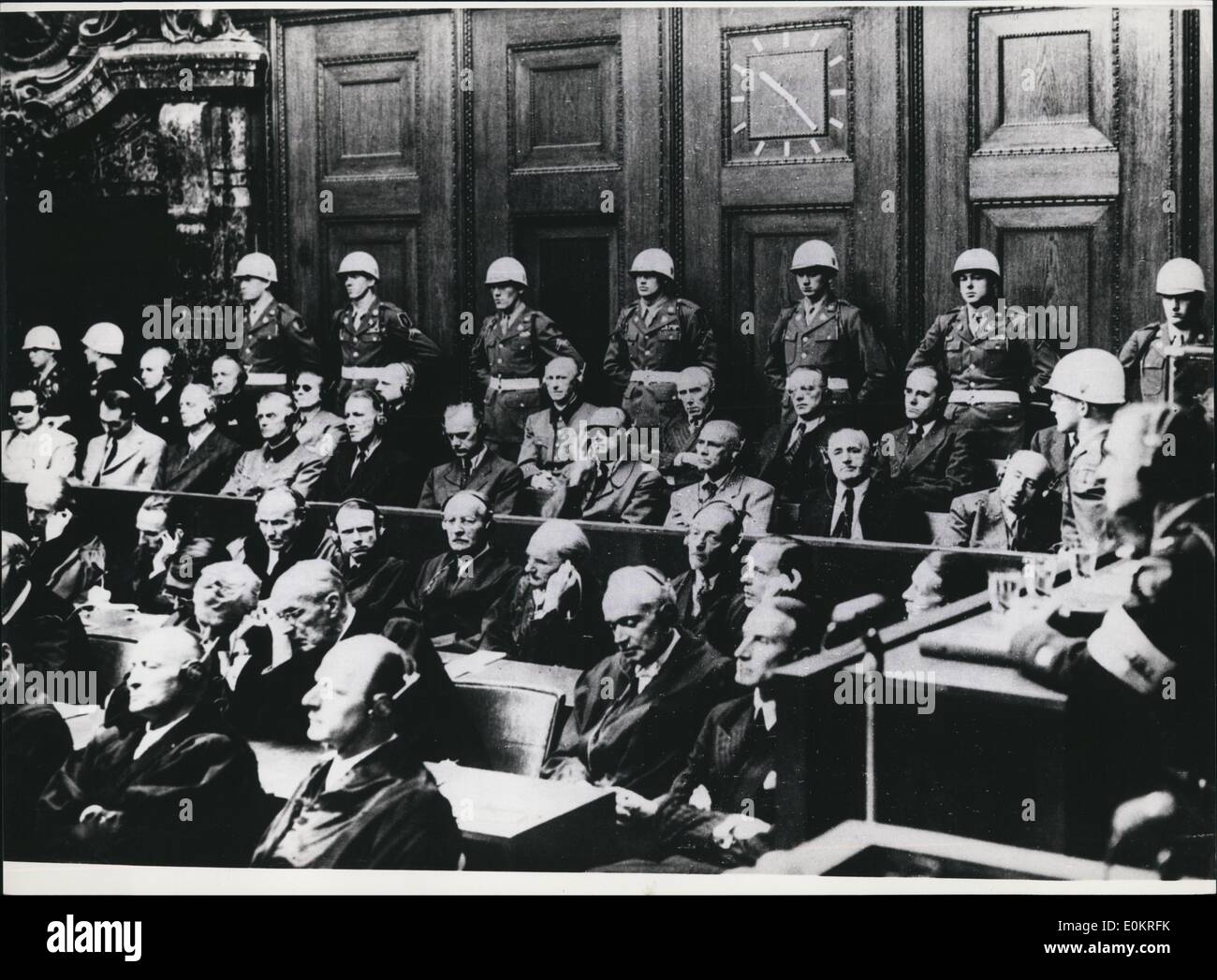 Oct. 10, 1946 - Pronouncing of the Judgments at the Nuremberg trial: 30 year ago, on October 1st 1946, the judgements at the Nuremberg war criminal trial were announced. At this largest trial of history, The following persons were sentenced to hang: Ribbentrop, sauckel, katenbrunner, frick frank, stroicher, satB-inquart, rosenberg, keitel and jodi. Ley committed suicide before the judgement, goring afterwards; Bormann had been condemned to death in absence Stock Photo
