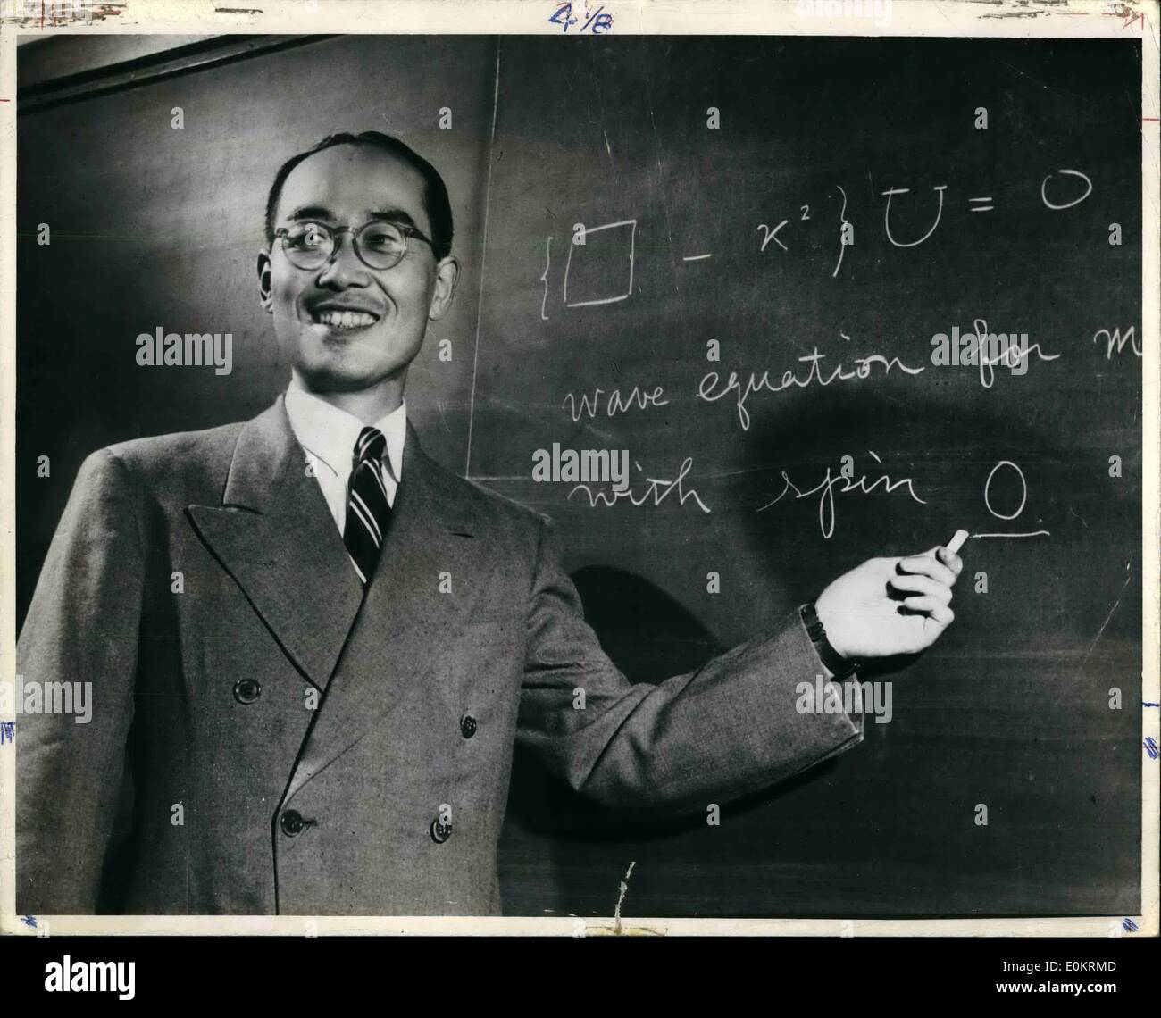 Mar. 03, 1949 - Columbia Professor wins nobel prize: New York: Picture here before a class at Columbia University, in the 1949 Nobel Prize winner Physics, Dr. Hidaki Yukawa, (illegible) visiting professor of physics at Columbia. Dr. Yukawa (501 West 121st.,NYC) discovered the existence of a hitherto unknown particle in the atomic nucleus, now know a s the moson. Stock Photo