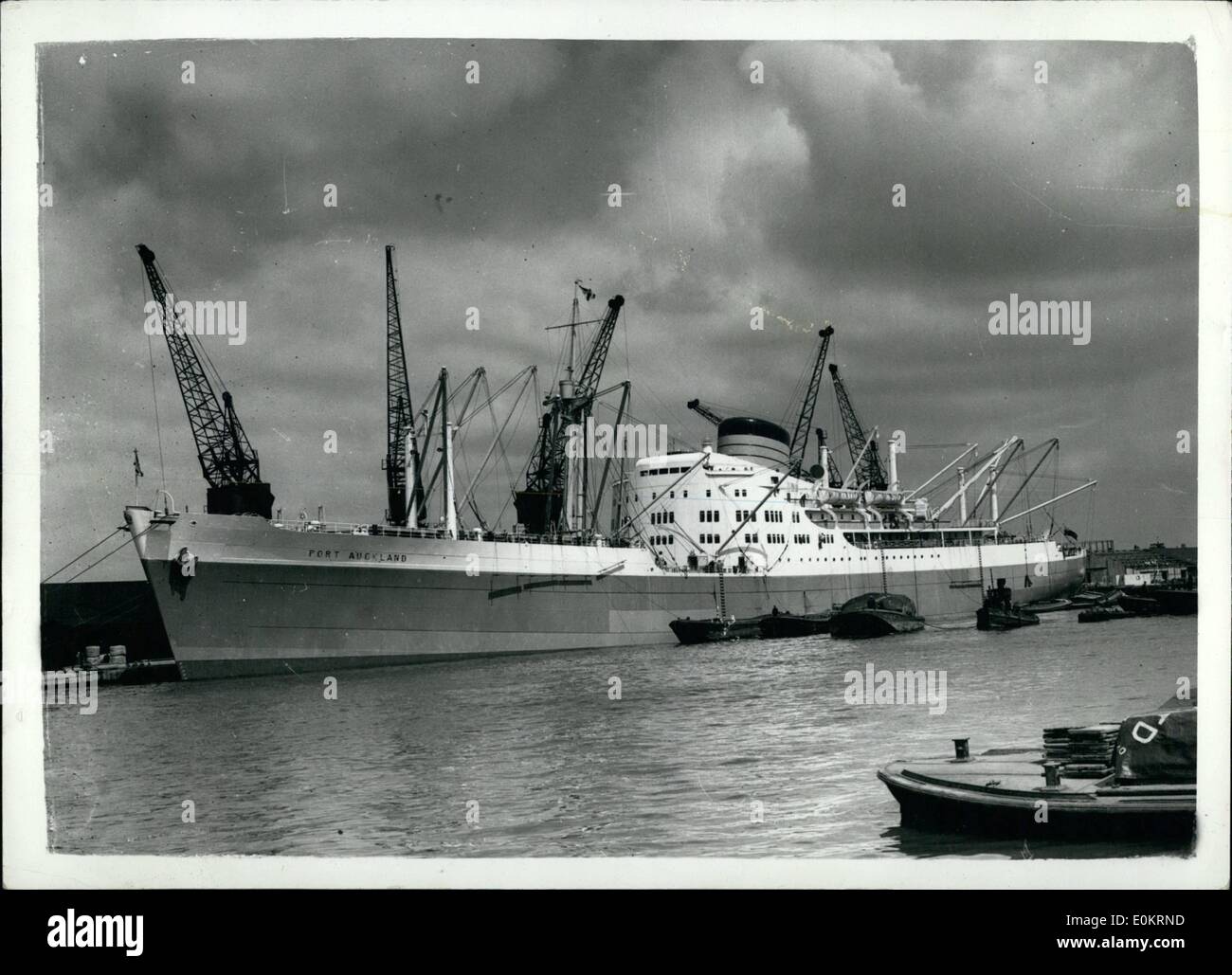 May 05, 1949 - New Cargo Ship Port Auckland prepares for maiden voyage to New Zealand. Keystone Photo Shows: View of the new streamlined cargo vessel Port Auckland as she prepares at the Royal Albert Dock for her maiden voyage to New Zealand. She is of 11,500 tons it's a sister ship of the Port Brisbane , and has accommodation for 12 passengers in addition to her cargo. She will be away for about six months. Stock Photo