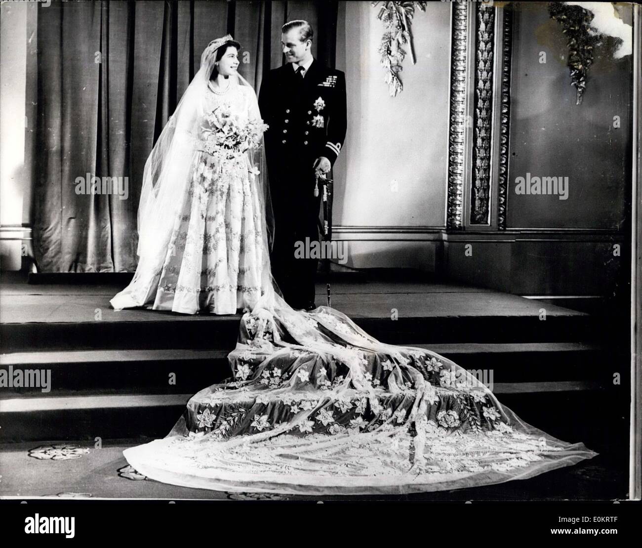 Nov. 20, 1947 - Twenty five years ago the Queen and Prince posed for their wedding photographs at Buckingham Palace. As Princess Elizabet, she was married at Westminster Abbey on the 20th November, 1947. Stock Photo