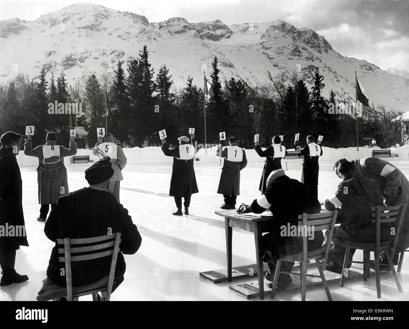 Judges holding score cards at St. Moritz Winter Olympics Stock Photo