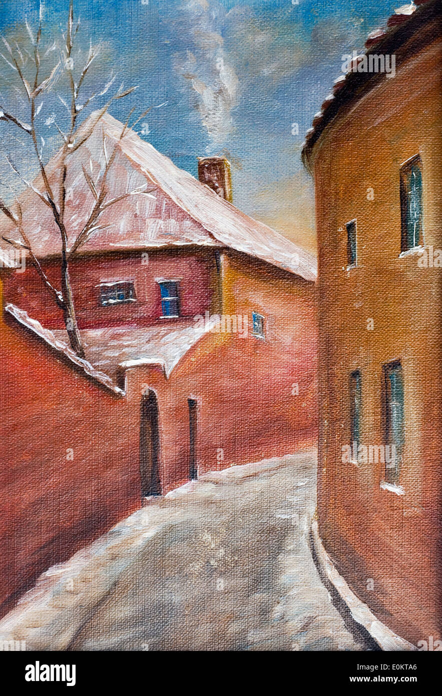 Winter in old city concept. Oil on canvas handmade painting ...
