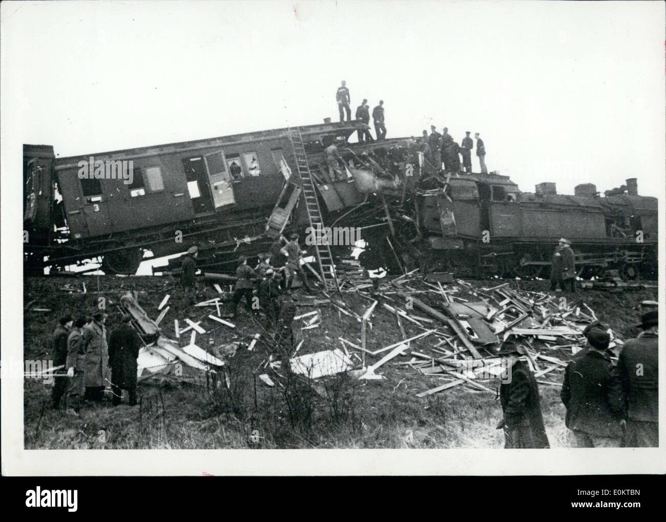 Jan. 26, 1951 - A most unfortunate railway accident occurred between Hamburg and B?chen as two trains collided in heavy fog. 4 people were killed, 3 severely injured, and the rest were helped out of the wreckage. Stock Photo