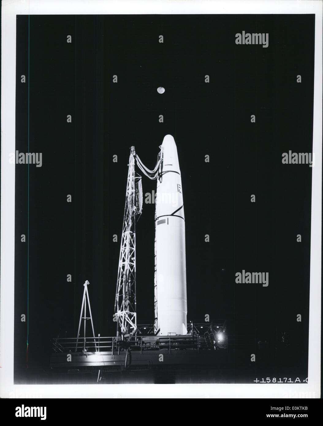 Jan 1, 1950 - A scene from the pages of science fiction comes to life during a recent nighttime count down at the Air Force Missile Test Center, Cape Canaveral, Florida, when the moon sails tantalizingly above the nose of an Air Force Thor intermediate range ballistic missile. (exact date unknown) Stock Photo