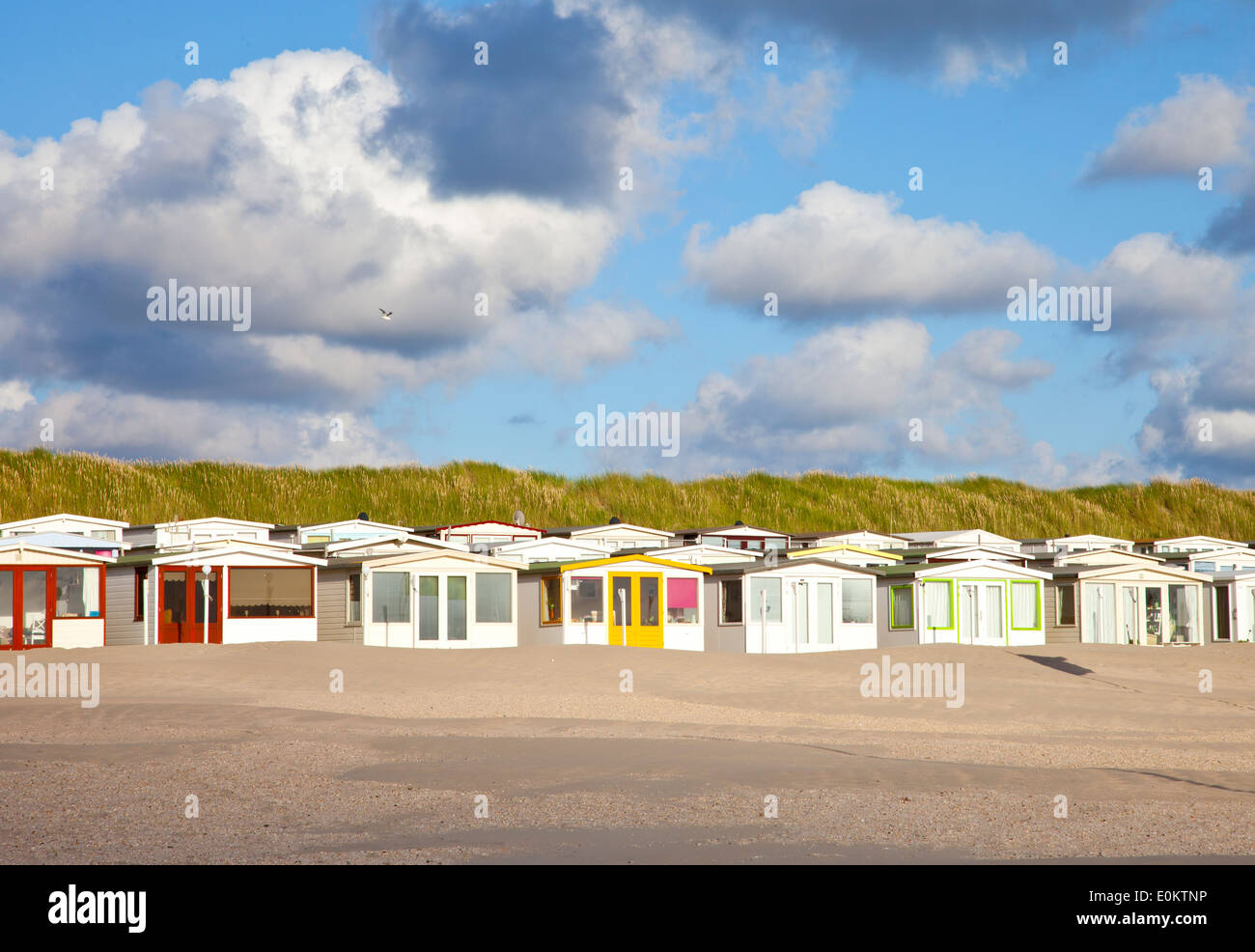 View at Dutch beach houses with cloudy sky Stock Photo