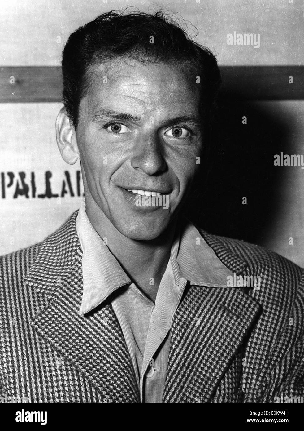 Close-up of singer Frank Sinatra on a visit to London Stock Photo