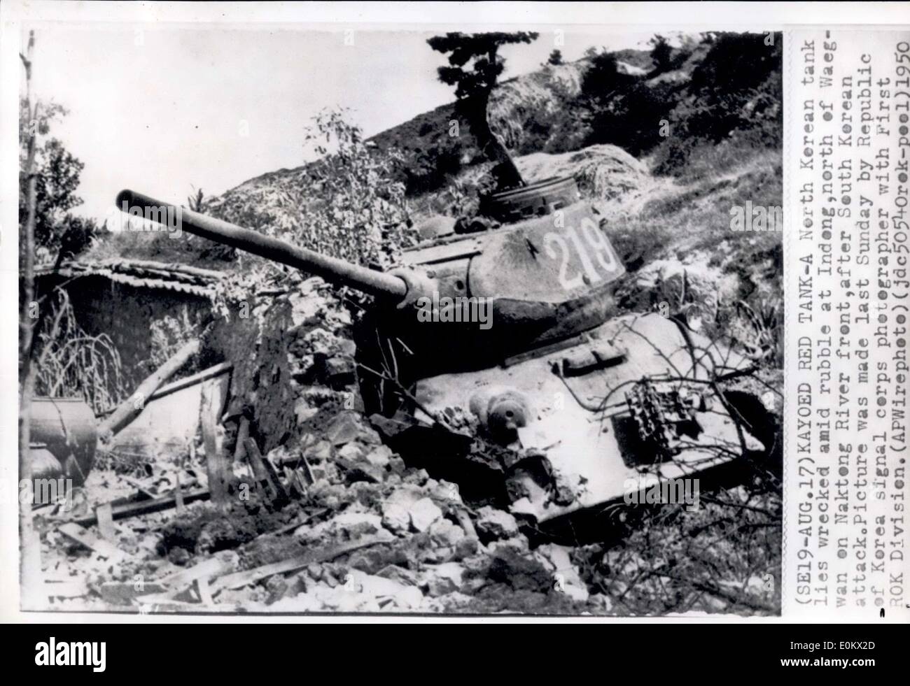 Aug. 17, 1950 - Kayoed Red Tank - A North Korean tank lies wrecked amid rubble at Indong, north of Waegwan en Nakten River front, after South Korean attack. Picture was made last Sunday at Republic of Korea Signal corps photographer with first Rok Division. Stock Photo