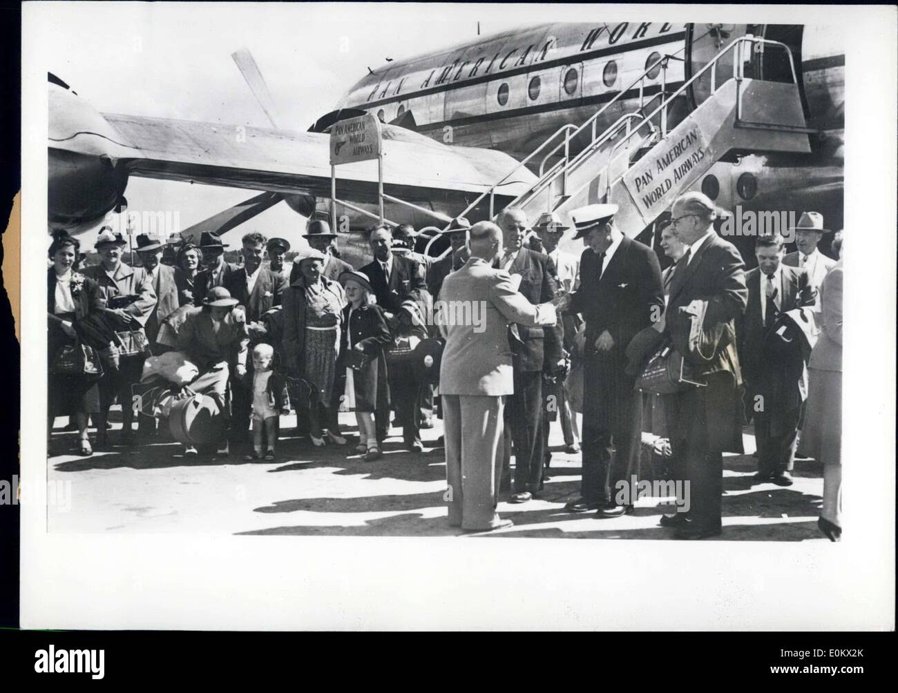 Aug. 21, 1950 - 114 German-Americans from Buffalo, NY, members of the Weidner-Club, flew from Buffalo to Frankfurt to visit their homeland once more. The group took two Pan-American Clippers and were greeted by Mayor Dr. Kolb. The captain was given the golden key to the city. Stock Photo