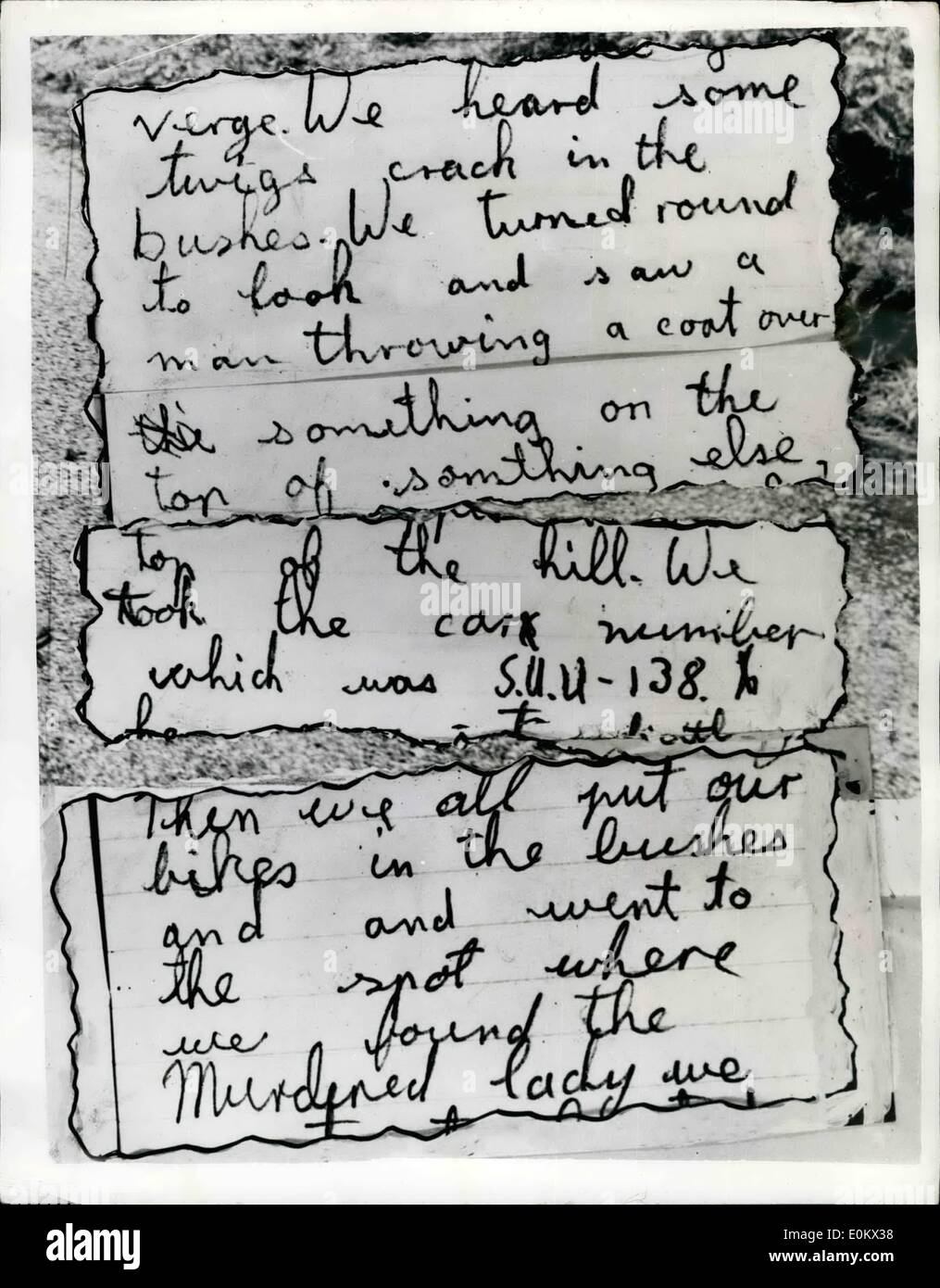 Sep. 09, 1950 - FOURTEEN YEAR OLD BOY HELPS POLICE I MURDER INVESTIGATION Fourteen year old Alan Clarke was congratalated by police of Picials yesterday for his help in the Sutter...Mrs. Suttey was found murdered in Greech Leno. Near Homel Hompstead..Alsh and two friends sept a diary what they saw a Standered car in the vicinity of Green Dano, and a car. Acting strangely..They took the car number - and after it had gone - they investigated and discoverded the boy..They informed the police Stock Photo