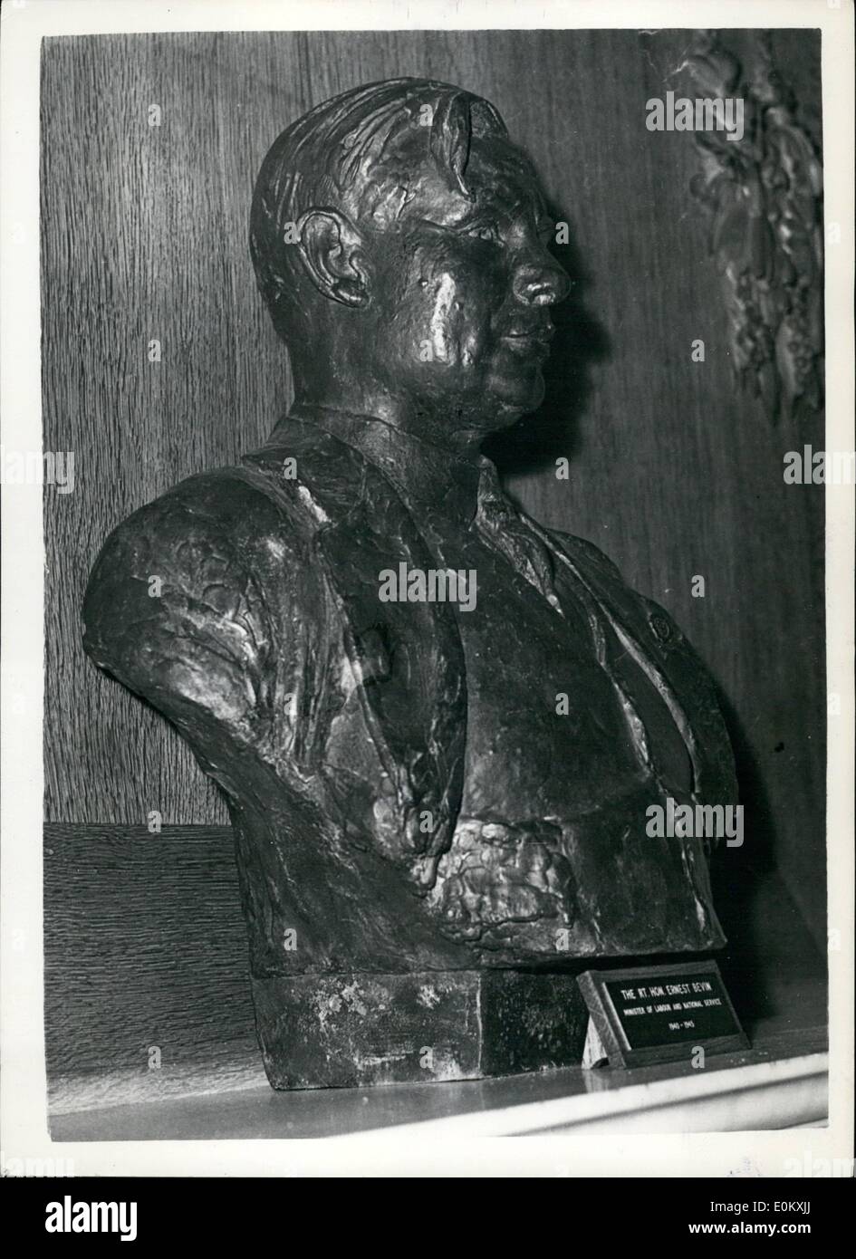 Oct. 10, 1952 - Bust of the Late Mr. Ernest Bevin Unveiled... Ceremony at St. James' Square... A bust of the late Mr. Ernest Bevin was unveiled this afternoon at the quarterly meeting of the National Joint Advisory Council, representing the British Employers' Confederation and the Trade Union Congress... The bust is being presented to the Ministry of Labour and National Service by the Transport and General Workers' Union... Keystone Photo Shows: The bust of Mr. Ernest Bevin after the unveiling this afternoon. Stock Photo