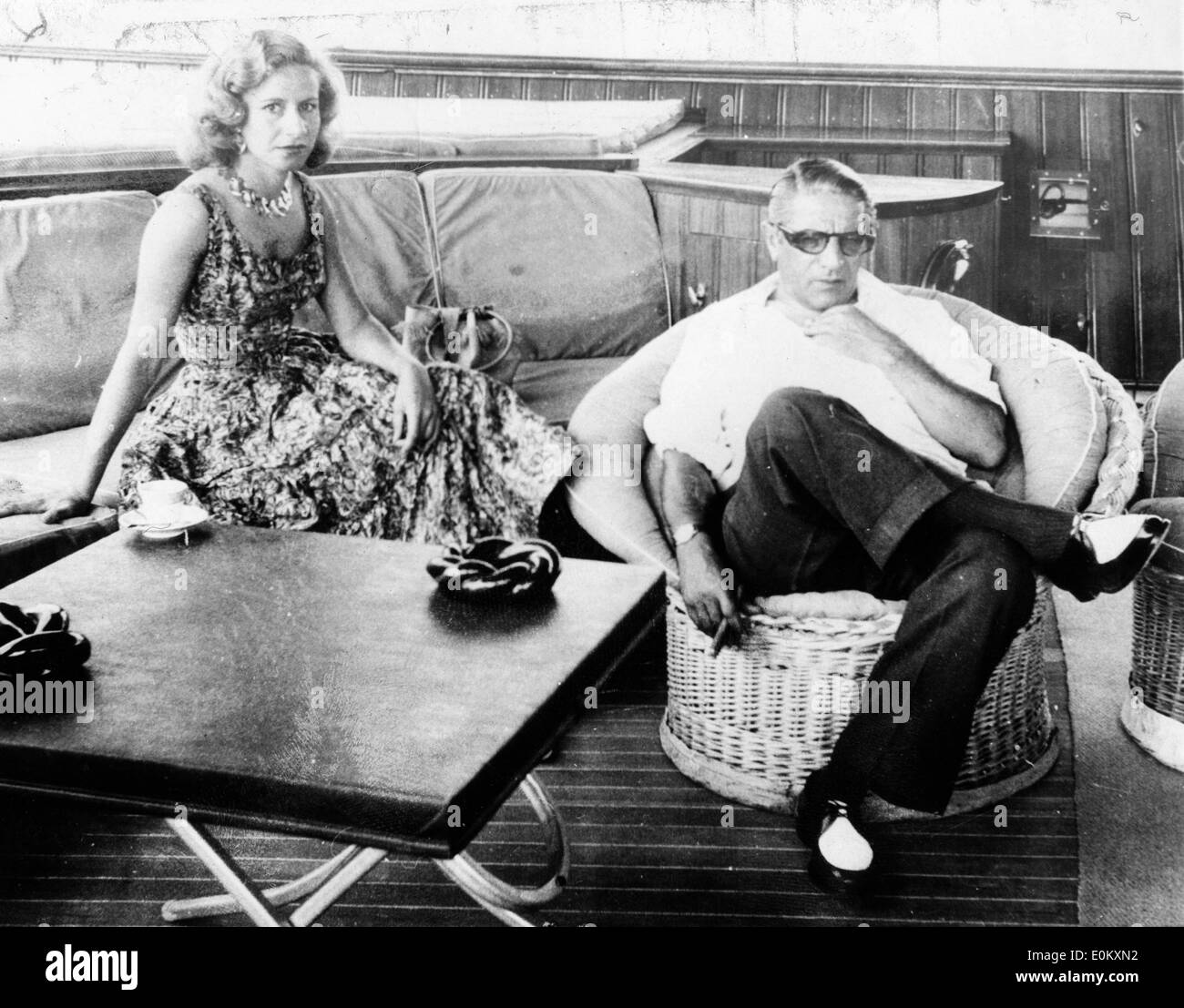Aristotle Onassis and wife Athina Livanos on yacht Stock Photo