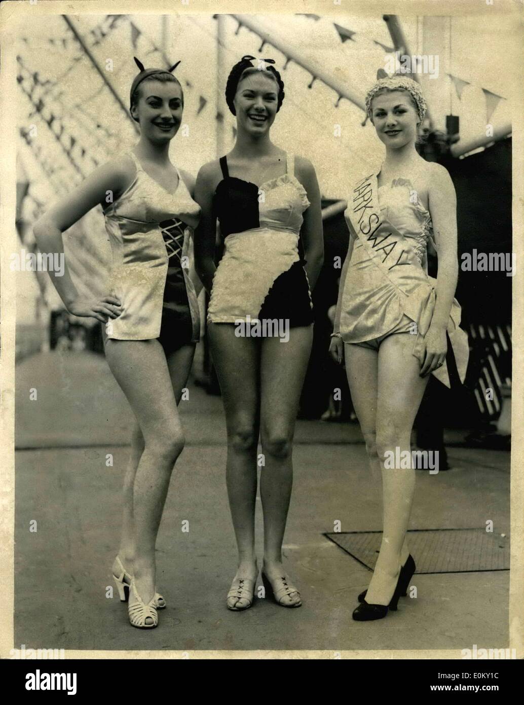 Sep. 09, 1952 - 9-9-52 An unsinkable swimsuit demonstrated in the Thames. Models with the costumes in different styles ? An unsinkable swimsuit was demonstrated on the Thames at Battersea Festival Gardens this afternoon. A number of models paraded and were placed into the water, including eight year old girl, a 32 year old polio victim and the new swimsuit kept them afloat. Keystone Photo Shows: Models seen wearing the new costume in different styles, L-R: Jean Marsh; Lillemor Knudson; Shirley Burniston and 8 year old Susie Aveyard. Stock Photo