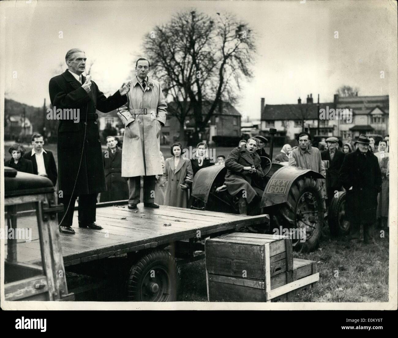 Nov. 11, 1952 - The Foreign Secretary Goes To High Wycombe Farm Wagon Platform: Mr. Anthony Eden the Foreign Secretary made an informed tour of the High Wycombe Constinncy today in support of Mr. John Hail the Tory Candidate in the By election next Tuesday. The Labour Party opponent is Mr. John Haire. Photo shows Mr. Eden addressing the meeting - from a farm Wagon - at Wooburn Green, during his tour this morning. Standing alongside Mr. Eden is the candidate Mr. John Hail. Stock Photo
