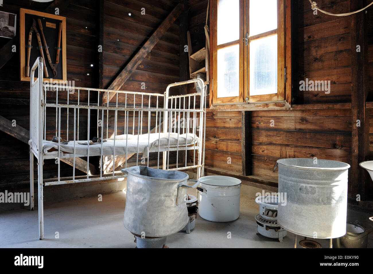 The photo from 08.04.2014 shows the inside of a restored accommodation barrack at the site of Atlit Immigrants Detention Camp (Ha'apola Museum) in Haifa/Israel. From 1939 to 1948 the Camp served as a detention center for illegal Jewish immigrants. Stock Photo