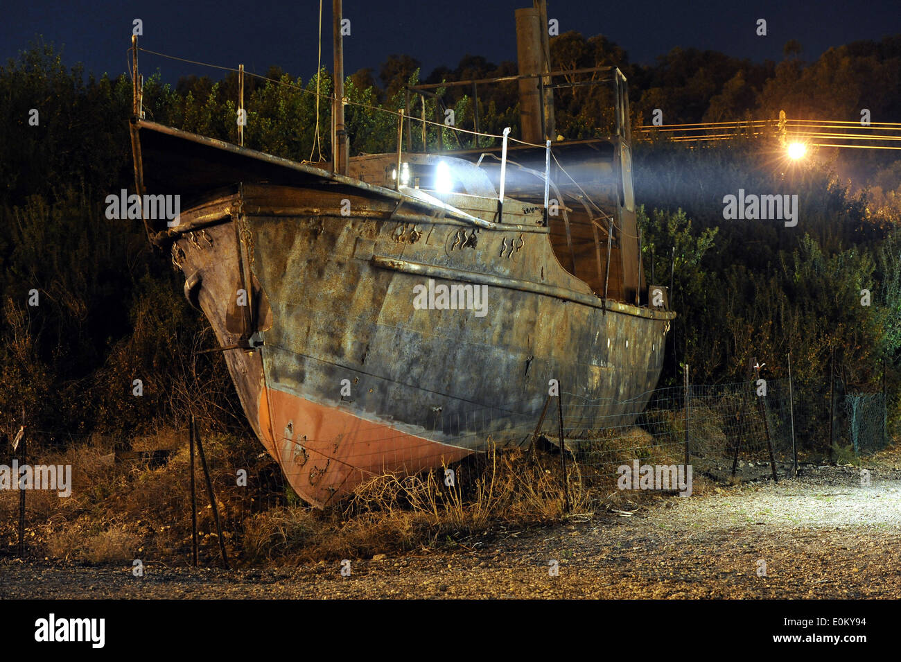 The photo from 08.04.2014 shows one of the two issued refugee ships at the site of Atlit Immigrants Detention Camp (Ha'apola Museum) in Haifa/Israel. From 1939 to 1948 the Camp served as a detention center for illegal Jewish immigrants. Stock Photo