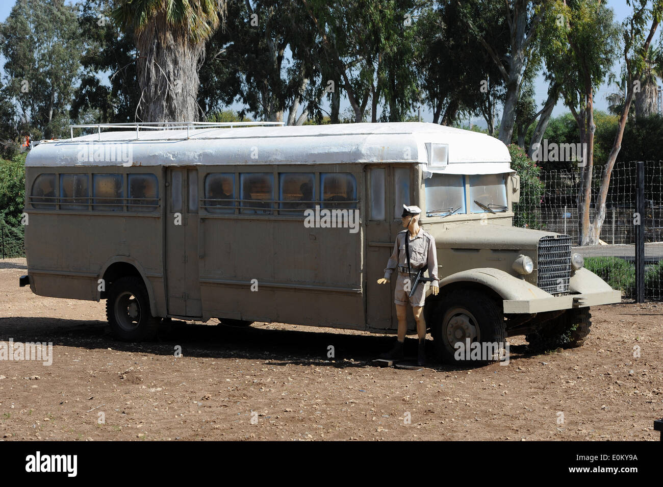 The photo from 08.04.2014 shows a bus for immigrants at the site of Atlit Immigrants Detention Camp (Ha'apola Museum) in Haifa/Israel. From 1939 to 1948 the Camp served as a detention center for illegal Jewish immigrants. Stock Photo