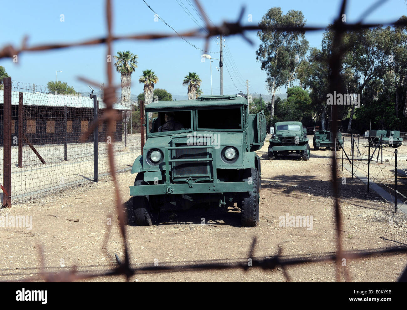 The photo from 08.04.2014 shows Patrolling military vehicles at the site of Atlit Immigrants Detention Camp (Ha'apola Museum) in Haifa/Israel. From 1939 to 1948 the Camp served as a detention center for illegal Jewish immigrants. Stock Photo