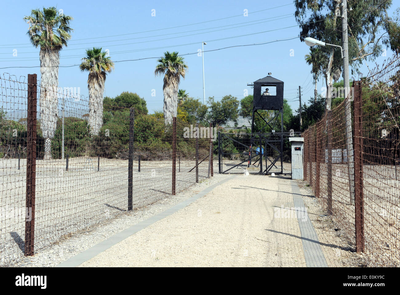 The photo from 08.04.2014 shows one of the watchtowers at the site of Atlit Immigrants Detention Camp (Ha'apola Museum) in Haifa/Israel. From 1939 to 1948 the Camp served as a detention center for illegal Jewish immigrants. Stock Photo