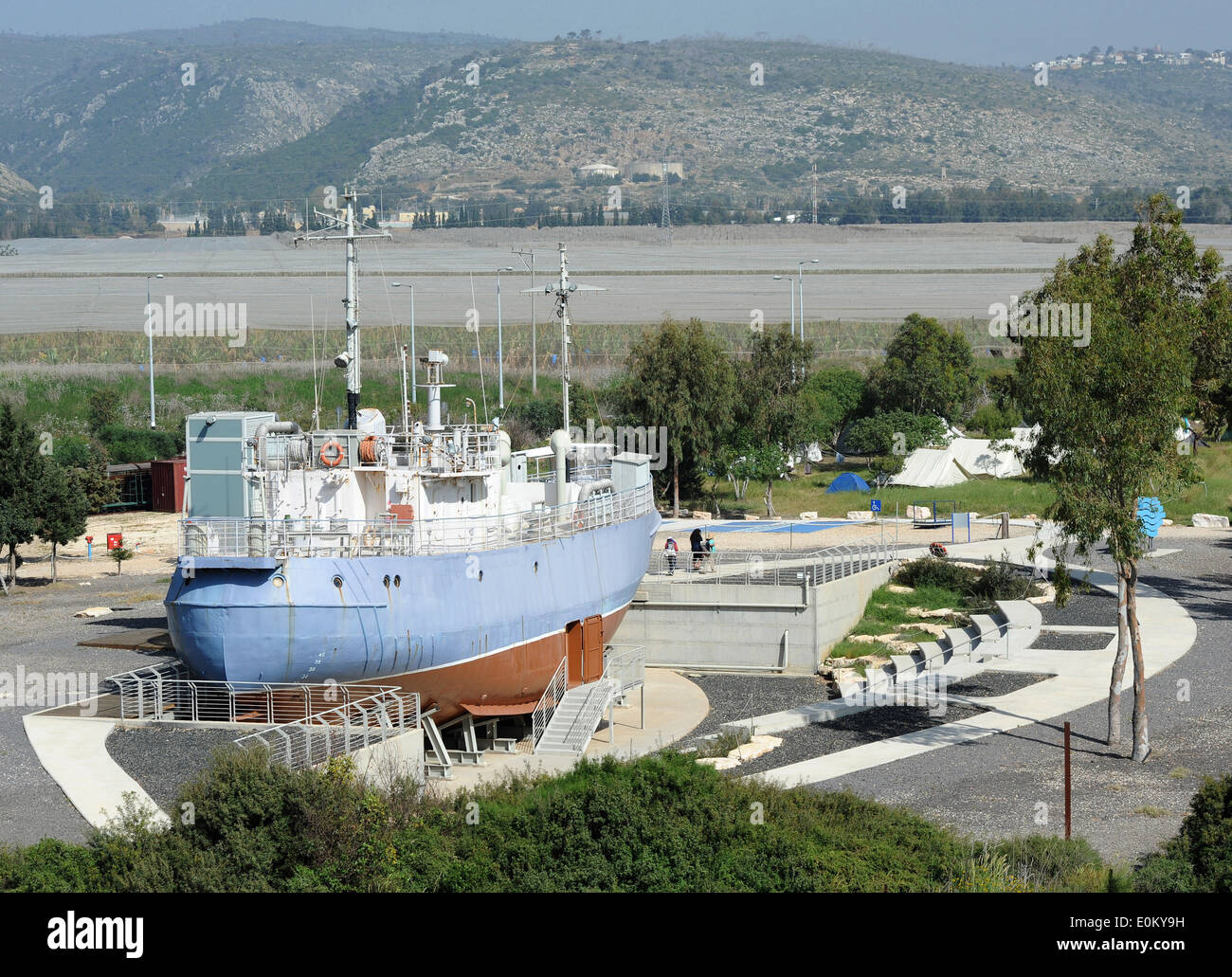 The photo from 08.04.2014 shows one of the two issued refugee ships at the site of Atlit Immigrants Detention Camp (Ha'apola Museum) in Haifa/Israel. From 1939 to 1948 the Camp served as a detention center for illegal Jewish immigrants. Stock Photo