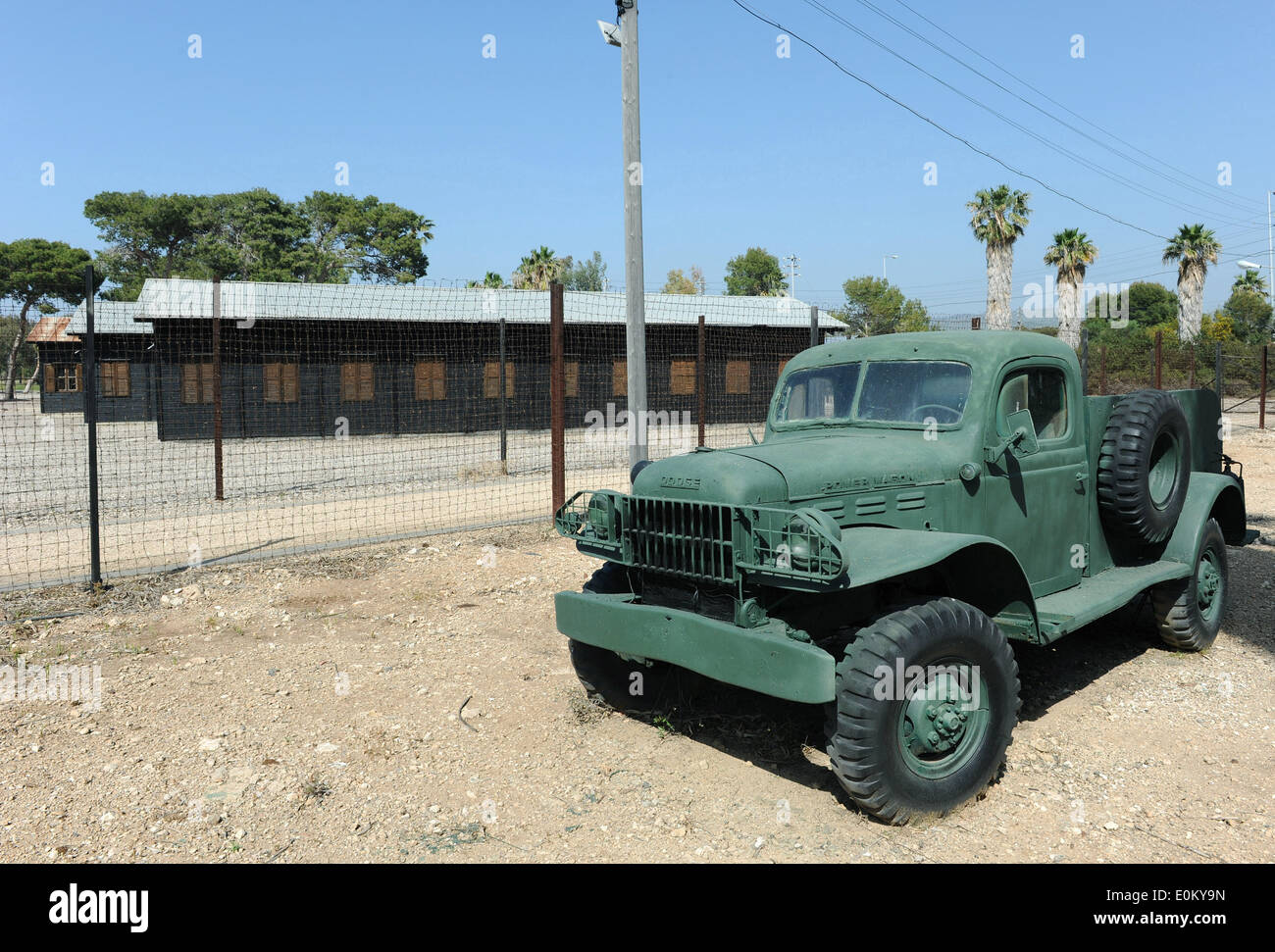 The photo from 08.04.2014 shows a Patrolling military vehicle at the site of Atlit Immigrants Detention Camp (Ha'apola Museum) in Haifa/Israel. From 1939 to 1948 the Camp served as a detention center for illegal Jewish immigrants. Stock Photo