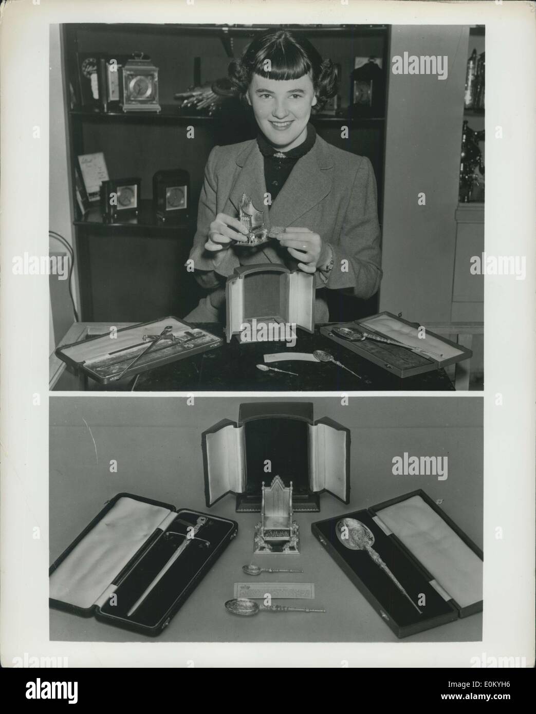 Dec. 00, 1952 - Coronations souvenirs on sale in the united states ; Those not going to the Coronation of Queen Elizabeth II next June 2 will still be able to have a souvenir of the occasion. Authentic scale model reproductions in a starling gilt of some of the objects used in the coronation ceremony are on sale at the Worcester Silver Company, nc. 234 East 46st. new York 17, N.Y. Photo shows Top. Miss Jean Regan holds a model of the Chair used in the Coronation Ceremony Stock Photo