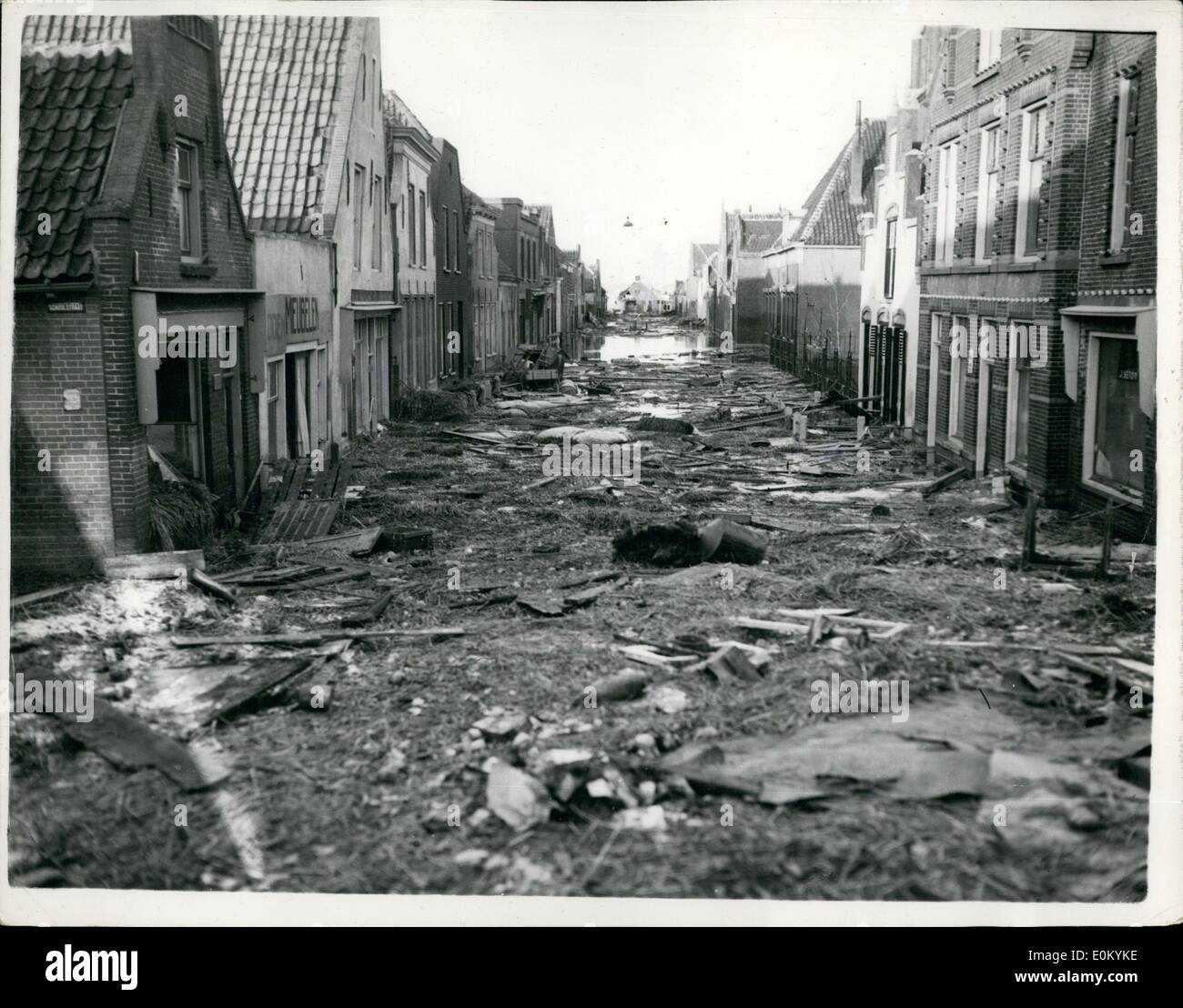 Feb. 02, 1953 - Latest pictures of the Flood Devastation in Holland: Photo shows Damage caused by the flood-waters in a street in Oude Tonge on overflakkes Island,. Between 350 and 400 people lost their lives here. Stock Photo