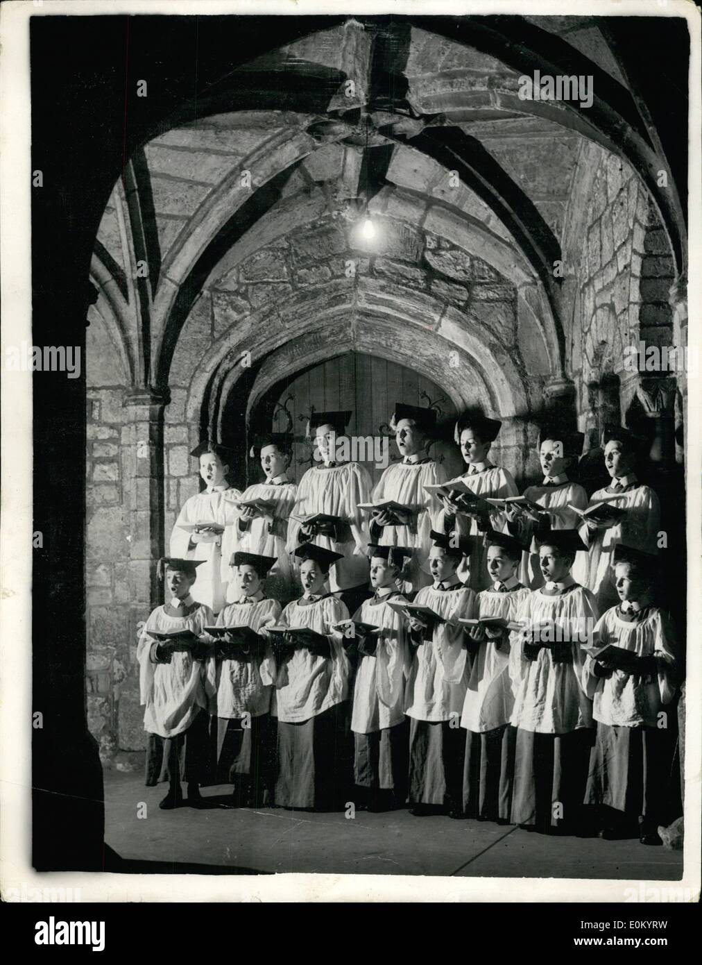 Dec. 12, 1952 - Cathedral Choir Boys Rehearse for their Christmas Carols: A Very 'Christmasay' atmosphere is obtained as boys of the Chester Cathedral choir rehearse in the Cloisters in readiness for the Christmas Season. Stock Photo