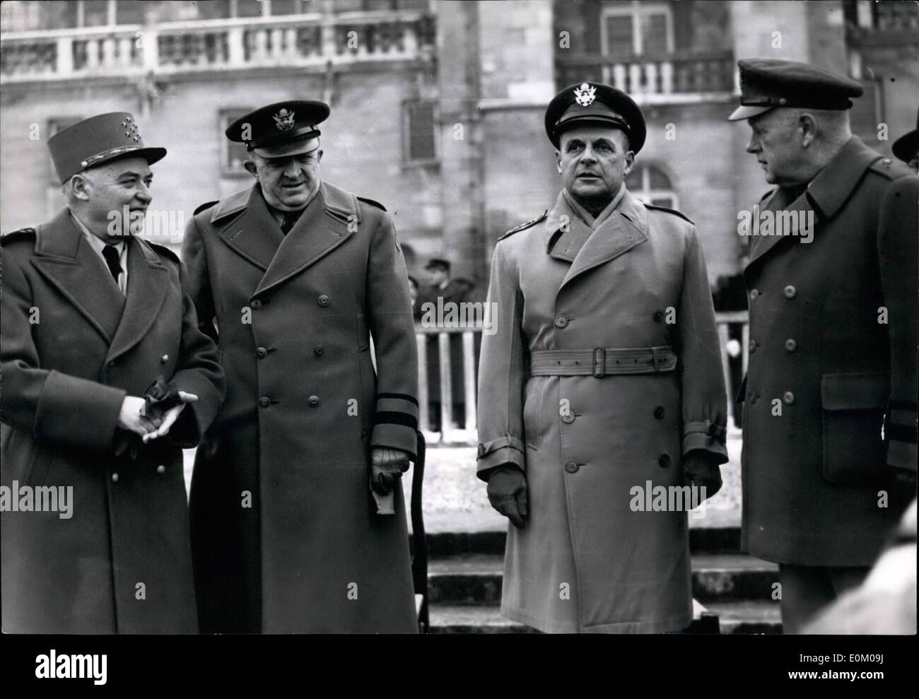 Jan. 01, 1953 - French Uno Battalion Honoured General Matthew S. Ridgway (2nd from right) and Marshal Juin (extreme left) attending the ceremony at Saint-Germain-En Laye when various decorations were awarded to the members of the battalion. Stock Photo