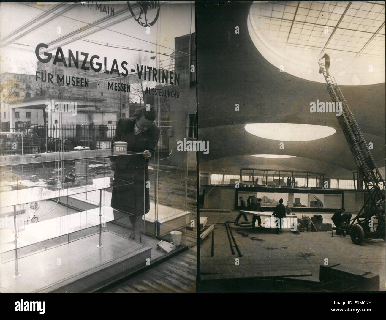 Feb. 14, 1953 - One Frankfurt firm for glass constructions development a new cement which after three days drying inseparably connects and of cement. This firm now build a glass pavilion resisting and fluctuating temperatures and which is especially fit for constructions (left picture) Keystone Picture, dated February 14th, 1953. Stock Photo