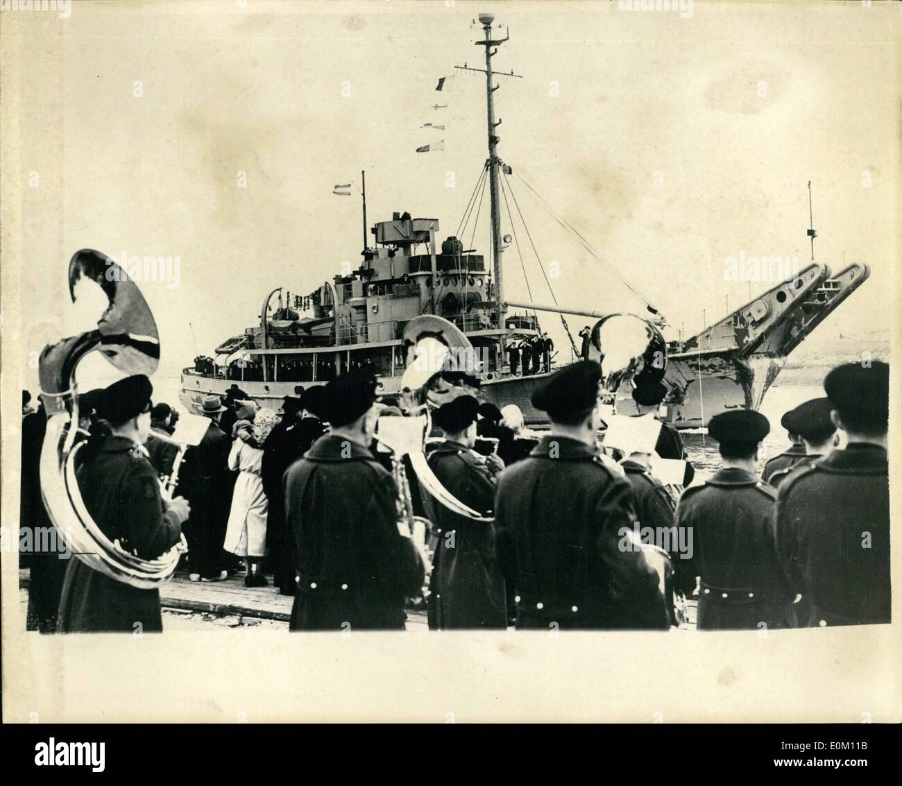 Jan. 01, 1953 - The ''Gerberus'' arrives in the Netherlands.. New Vessel For N.A.T.O. forces. Photo shows: The scene at the harbour of Don Holder, Netherlands during the ceremony to greet the vessel ''Gerberus'' the first vessel to arrive from the United States for the North Atlantic Treaty Organization. Stock Photo
