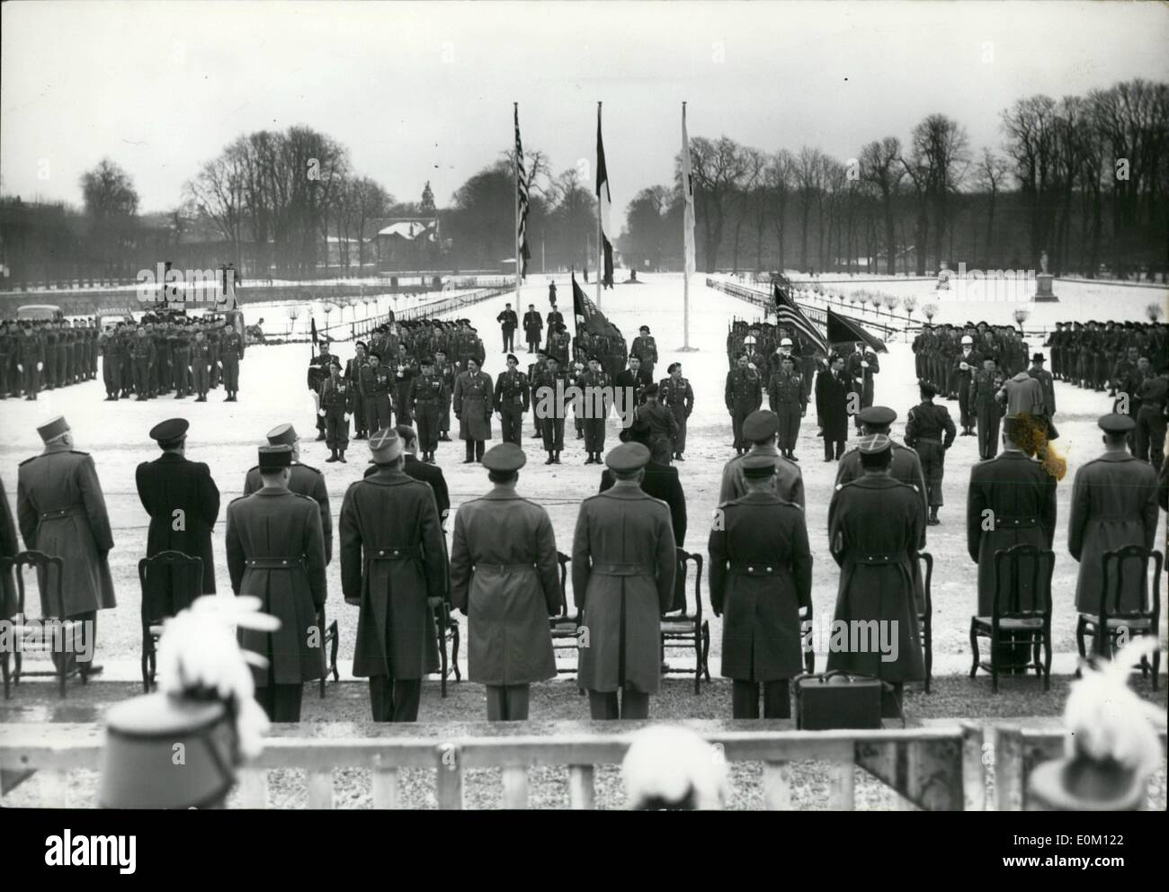 Jan. 01, 1953 - French Uno Battalion honoured General view of the ceremony held at Saint-Germain-en-Laye, near Paris. General Matthew B. Ridgway was present at the parade when the unit of the battalion stationed at Saint-Germain-en-Laye was awarded various decorations. Stock Photo
