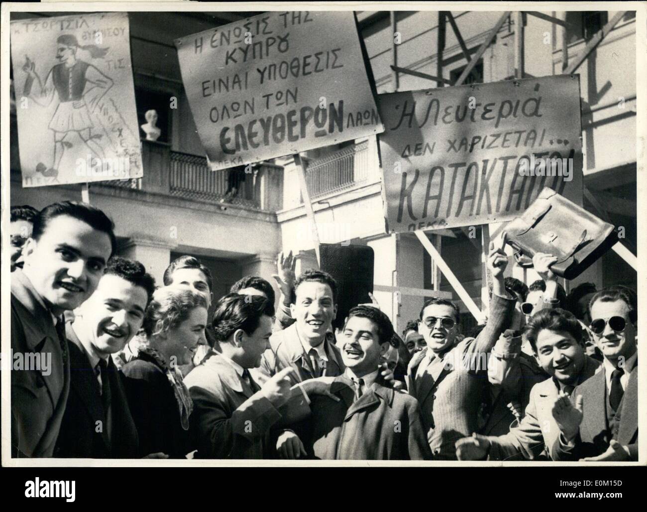 Mar. 03, 1953 - Students demonstrate in Athens over the Cyprus Question: A rowdy demonstration took place in Athens recently - over the old old question of Cyprus. It was originally organised by the students committee for Cypriot struggle as a protest against the United Nations' Assembly refusal to enter the Cypriot question on the agenda..The demonstration started very quietly in the Athens University Square. After a few fiery speeches the situation got out of hand when some students said to be communists - suggested going to the various embassies Stock Photo
