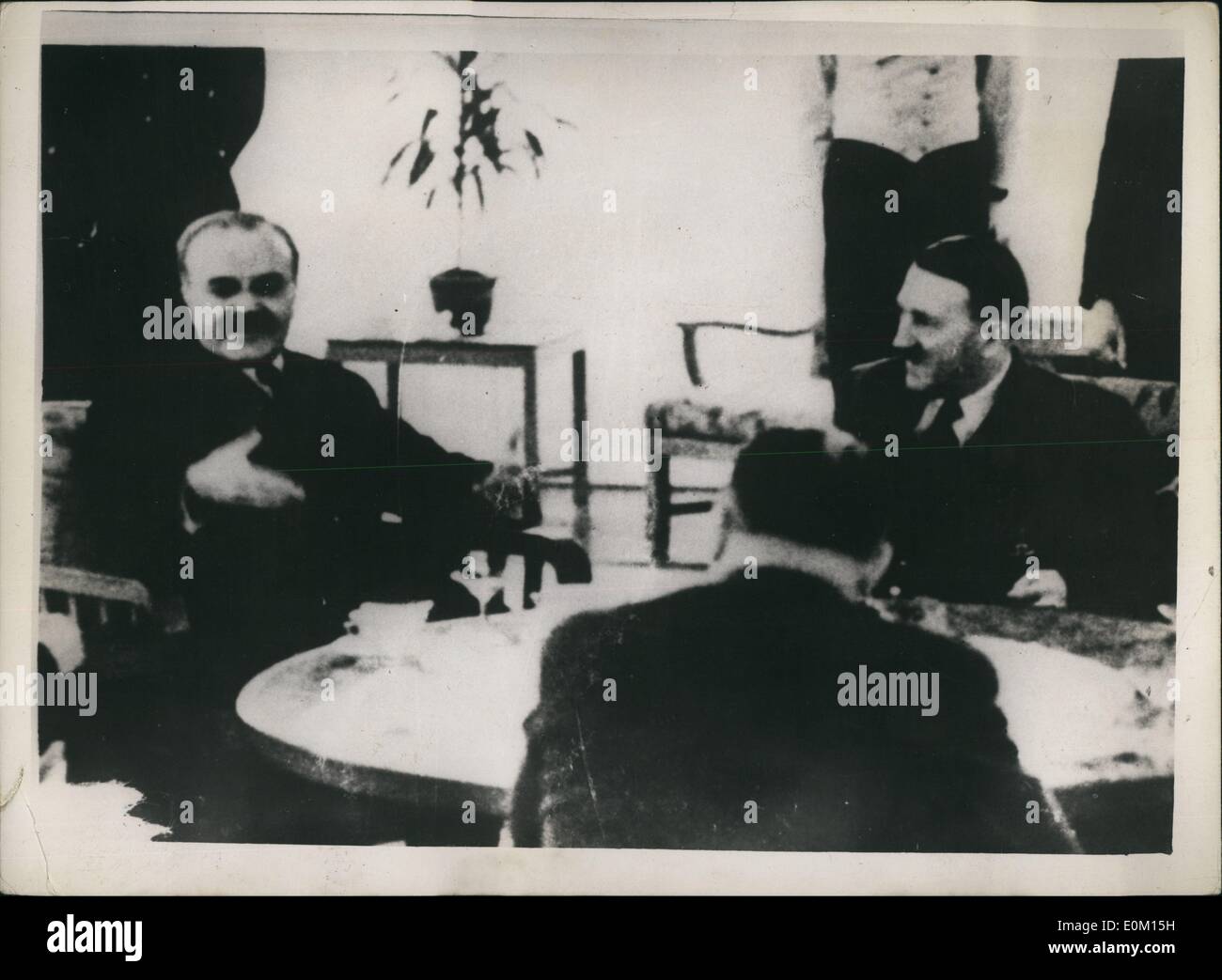 Mar. 03, 1953 - Stalin Still Gravely Ill: The conditions of Marshal Stalin still remains grave, and doctors are using leeches, oxygen and drugs in the fight to save his life. Photo shows M. Molotov (left), who might be named as successor to Stalin, seen in this picture with Hitler. Stock Photo