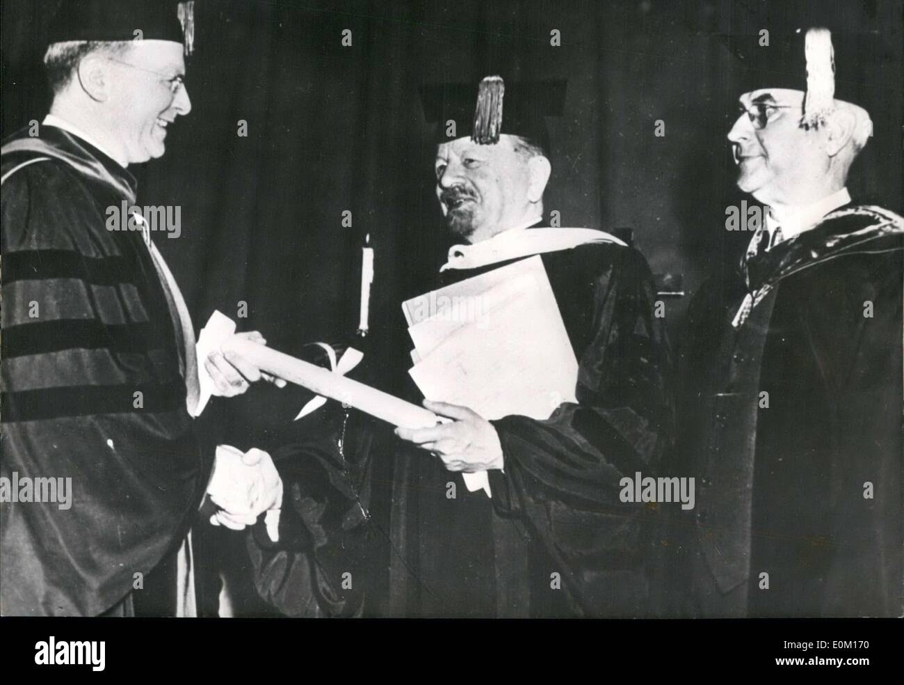 Jan. 07, 1953 - Berlin bishop Otto Dibelius got an honorary doctorate from Dr. Walter C. Langsam, the president of Gettysburg College in Pennsylvania, when he visited the United States. Stock Photo