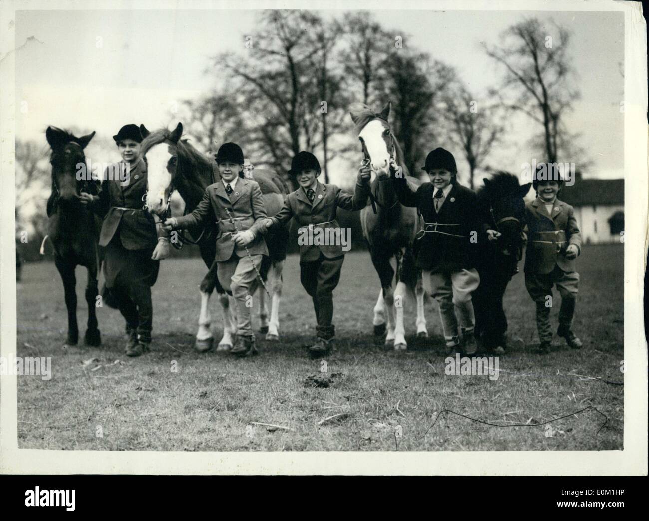 Apr. 04, 1953 - Children's Horse Show And Gymkhana: The 1953 Iver Village Children Horse Show and Gymkhana was held today at Huntsmoor Park, Iver. Photo shows Five competitors from one family - They are Carter family, of Romford. They are (L to R): Alistair, aged 11 Esther, 10, Edward, 8, Wendy, 7, and Diane, 6.. seen with their ponies at Iver today. Stock Photo