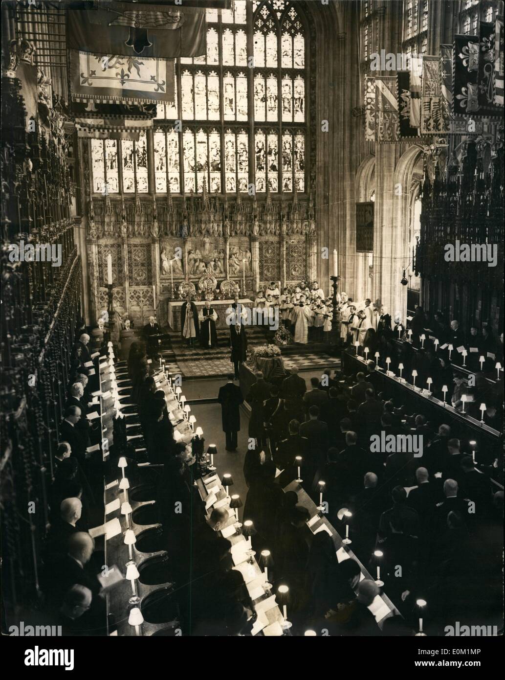 Mar. 03, 1953 - Queen Mary: The Final Scene: The scene, sombre and impressive, at the funeral service of Queen Mary in St. George's Chapel, Windsor today (Tuesday). Been in paw on right of picture are (left to right), The Queen Elizabeth the Queen mother and Princess Margaret. Standing before the coffin are (left to right) The Duke of Kent; The Duke of Golucerster; The Earl of Athlone, Queen Mary's brothers; and theDuke of Windsor. Before the alter the Archbishop of Canterbury, Dr. Goeffrey Fischer (center). is seen conducting the service. Stock Photo