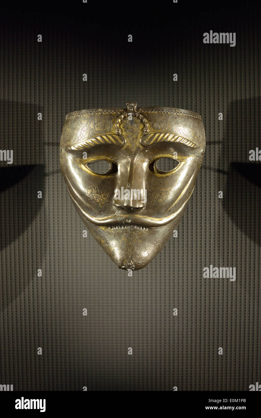 Doha. Qatar. Museum of Islamic Art. War Mask, Eastern Turkey or Western Iran. 15th C, steel with gold inlay. Stock Photo