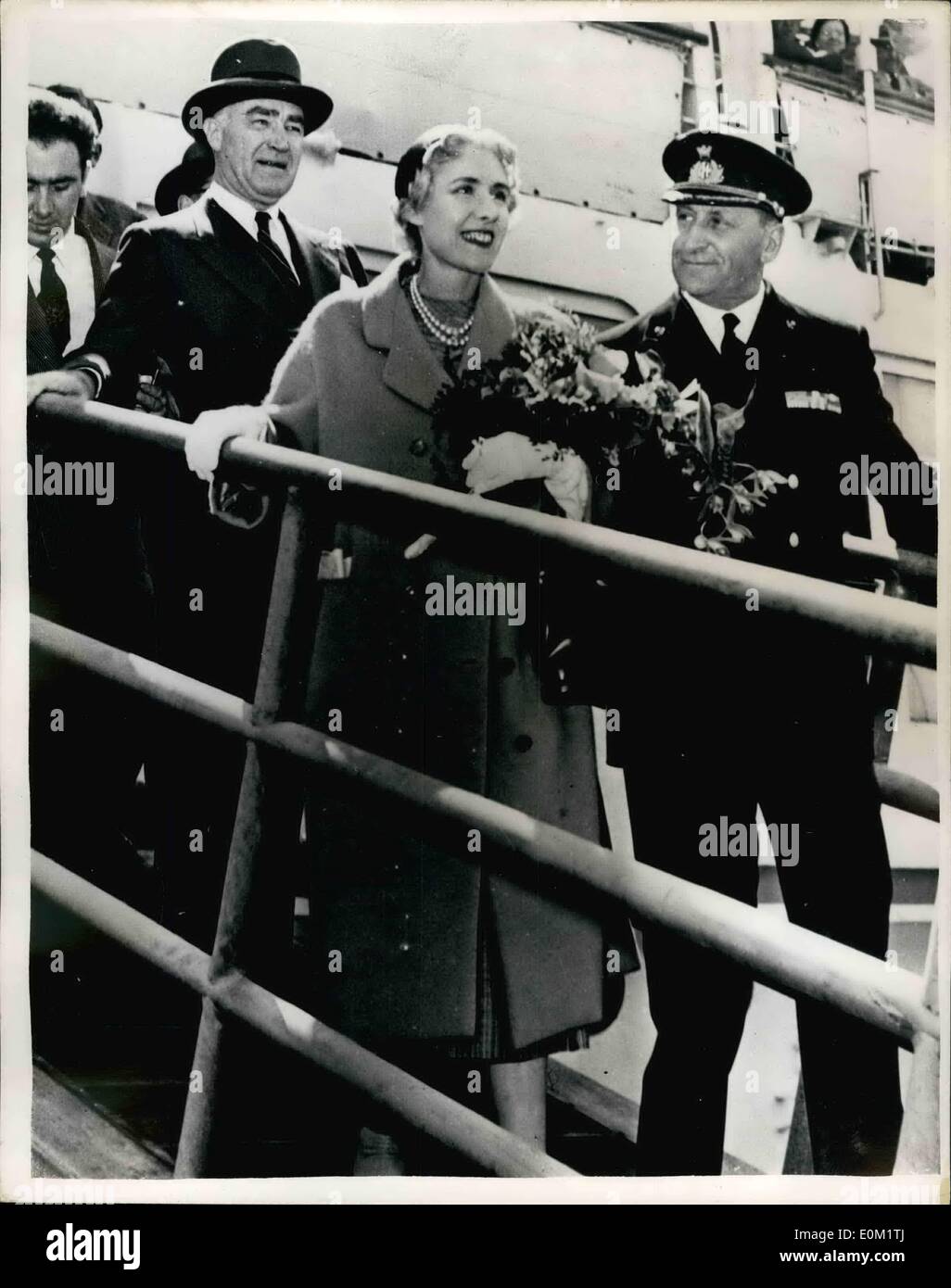 Apr. 04, 1953 - United States Woman Ambassador To Italy Arrives In Naples: Mrs. Clare Luce the newly appointed United States Ambassador to Italy arrives in Naples aboard the Italian liner Andrea Dorea to take up her post in Rome. She is the first woman ever to be accredited to the Italian Government. Photo Shows: Mrs. Clara Luce comes ashore at Naples and is followed by her husband who is editor of the magazine Time and Life etc. He is Mr. Henry Luce. Stock Photo