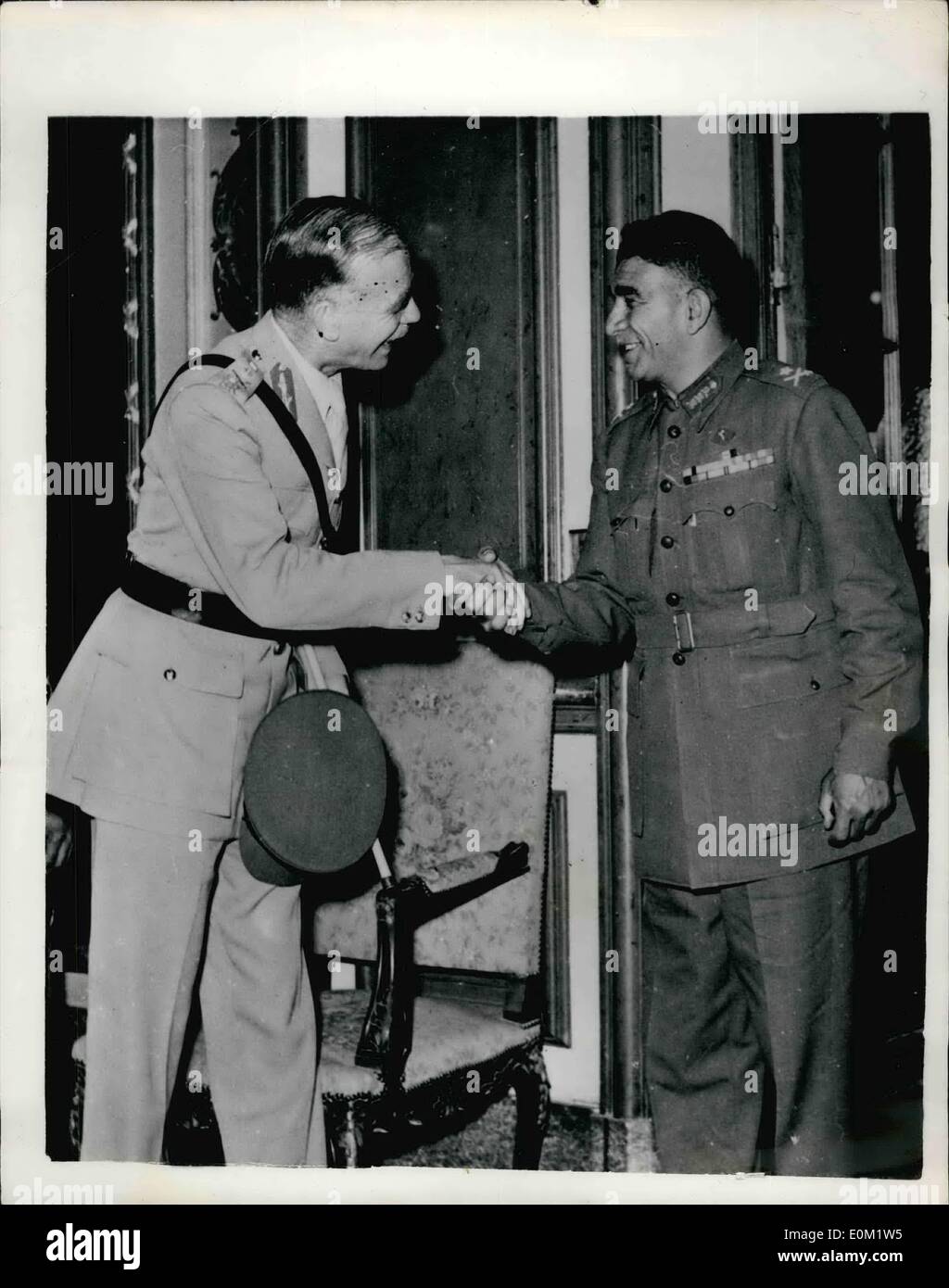 Apr. 04, 1953 - General Sir Brian Robertson Meets Prime Minister Neguib In Cairo. Photo Shows:- General Sir Brian Robertson, former C-in-C Middle East Land Forces, and joint leader of the British team taking part in the Suez Canal talks, being greeted by Prime Minister Neguib, when he paid a courtesy visit to the Premier in Cairo. Stock Photo