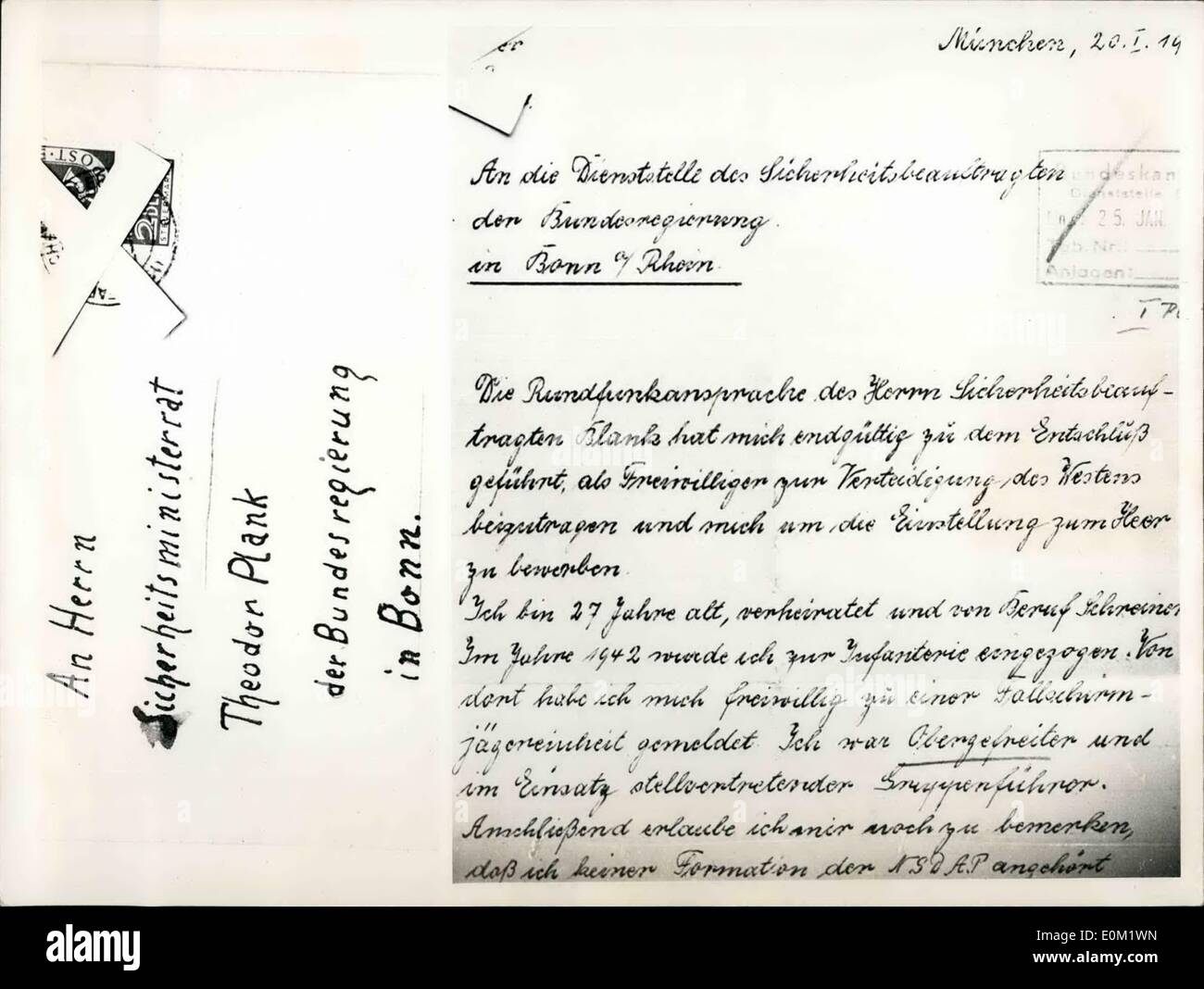 Apr. 04, 1953 - 56.000 would like join the forces.: About 56.000 Germans have applied to join the forces after a radio appeal. Photo shows she letter of one of the future soldier sent to Defence Minister in Bonn. Stock Photo