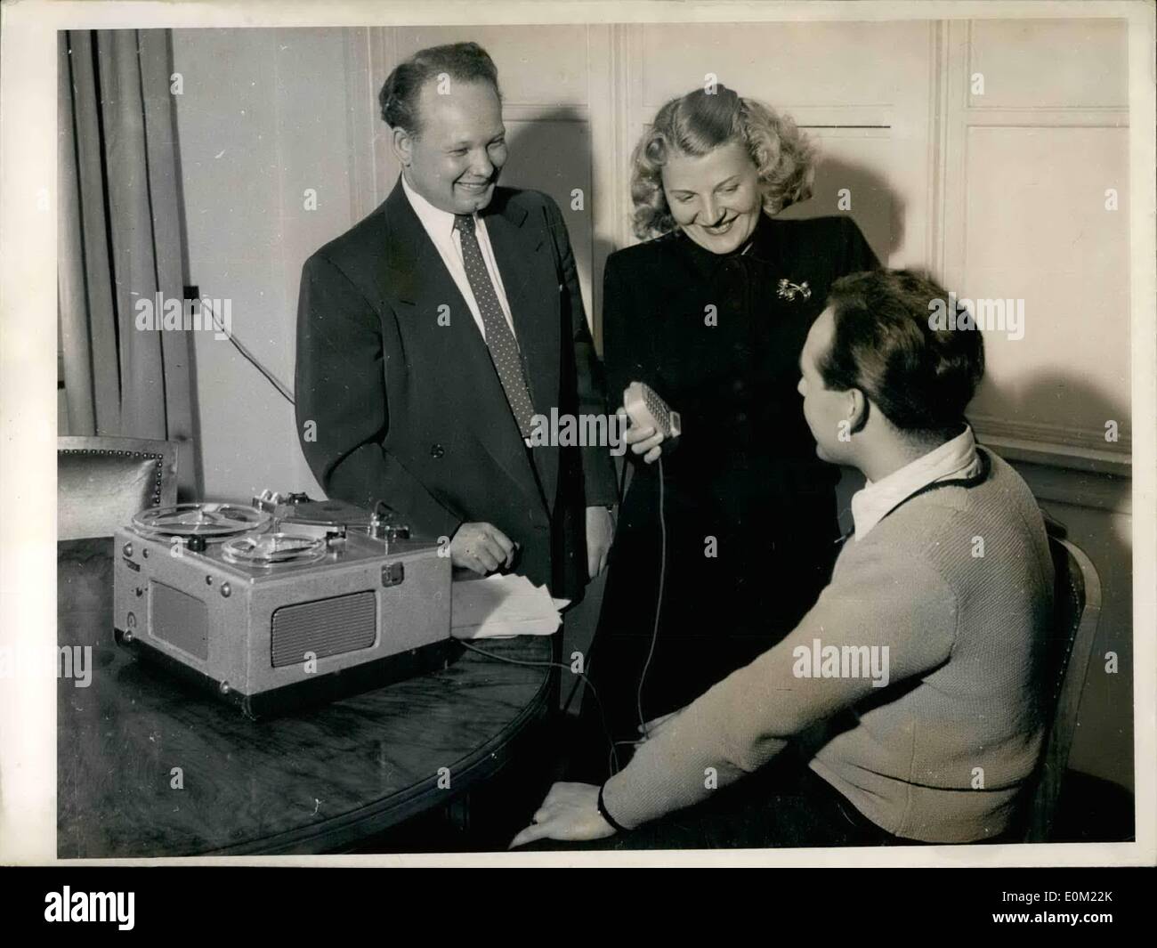 Apr. 04, 1953 - The Voice Of Germany In USA!: ABC an American broadcasting company at present is preparing tape-records of the life situation of the German population in Western-Germany. These records are intended to give to the Germans in USA an real impression of the life standard and situation in the Bundesrepublik. The transmission ''The Voice Of Germany'' will be given by various American broadcasting companies. Mr. Zoellner accompanied by his wife is traveling throughout Western-Germany to make these records Stock Photo