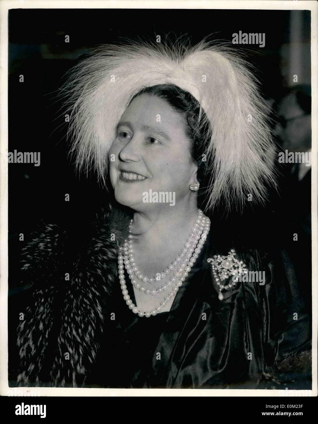 Apr. 04, 1953 - Queen Mother at Nuffield Foundation Reception. : London: A Charming smile from Queen Elizabeth the Queen Mother, who wears a white ostrich feather hat, as she attends a reception to mark the 10th anniversary of the inauguration of the Nuffield Foundation at Grove House, Regent''s Park. Stock Photo