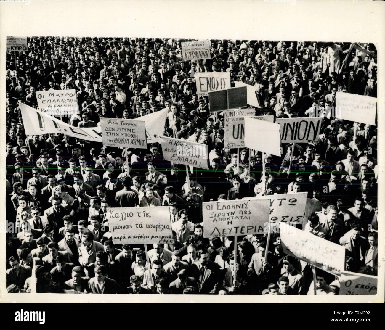Mar. 07, 1953 - Students Demonstrate in Athens over the Cyprus Question: A rowdy demonstration took place in Athens recently- over the old old question of Cyprus. It was originally organized by the students committee for Cypriot Struggle as a protest against the United nations' Assembly refusal to enter the Cypriot question on the agends. The demonstration started very quietly in the Athens University Squares. After a few Firey speeches the situation got out of hand when some students - said to be communists- suggested going to the various embassies Stock Photo